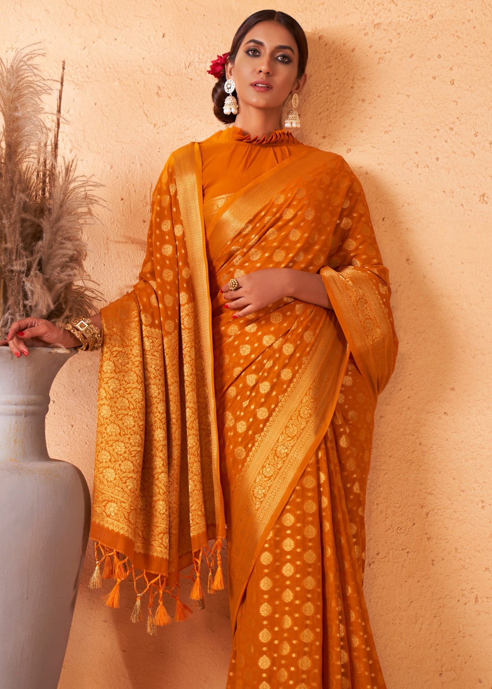 Buy MySilkLove Brandy Punch Yellow Woven Georgette Saree Online