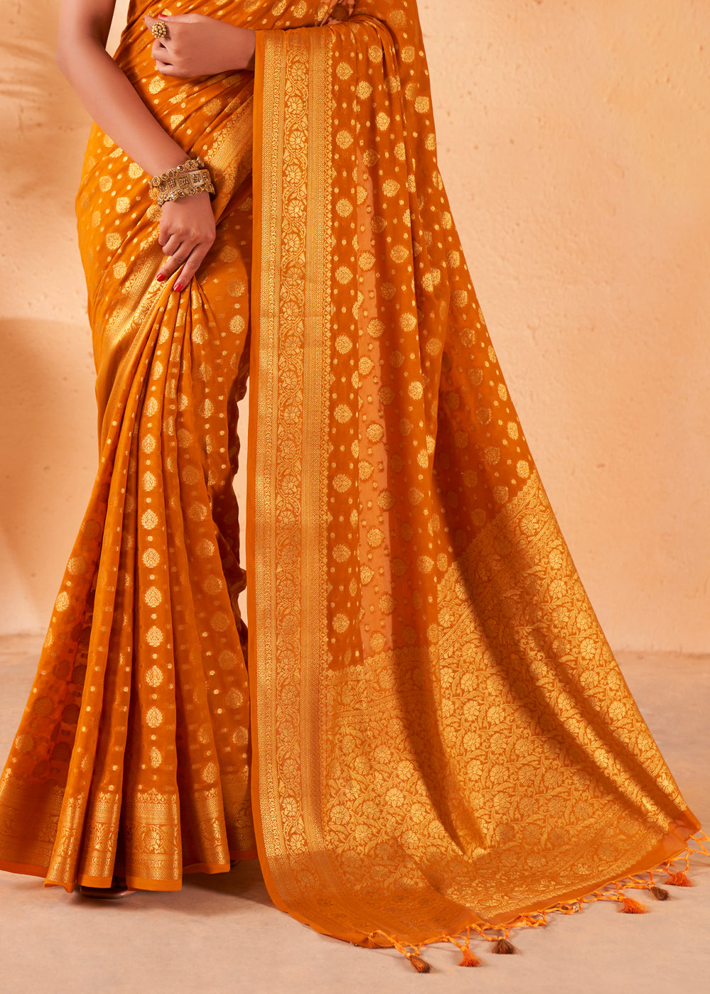 Buy MySilkLove Brandy Punch Yellow Woven Georgette Saree Online