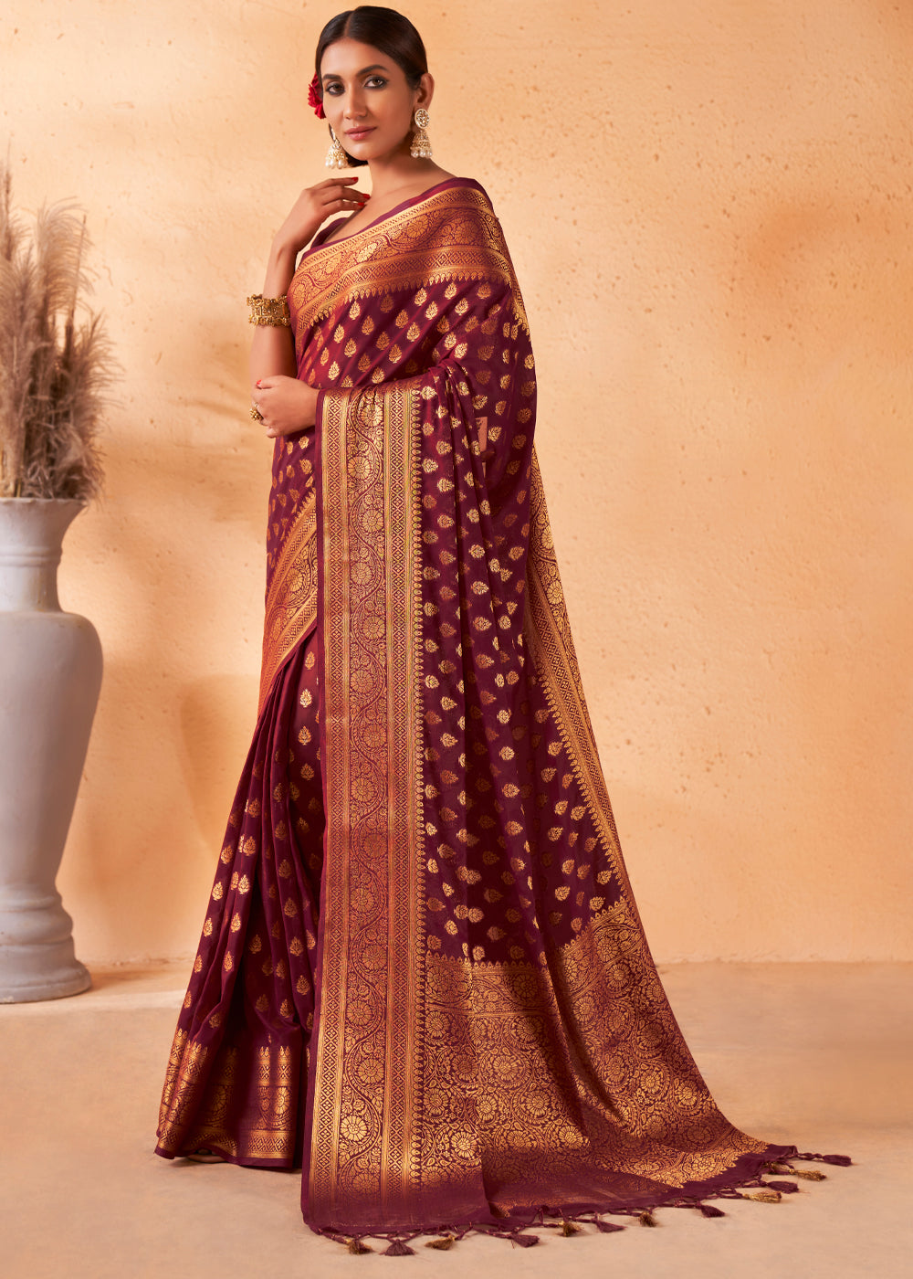 Buy MySilkLove El Salva Brown Woven Georgette Saree Online