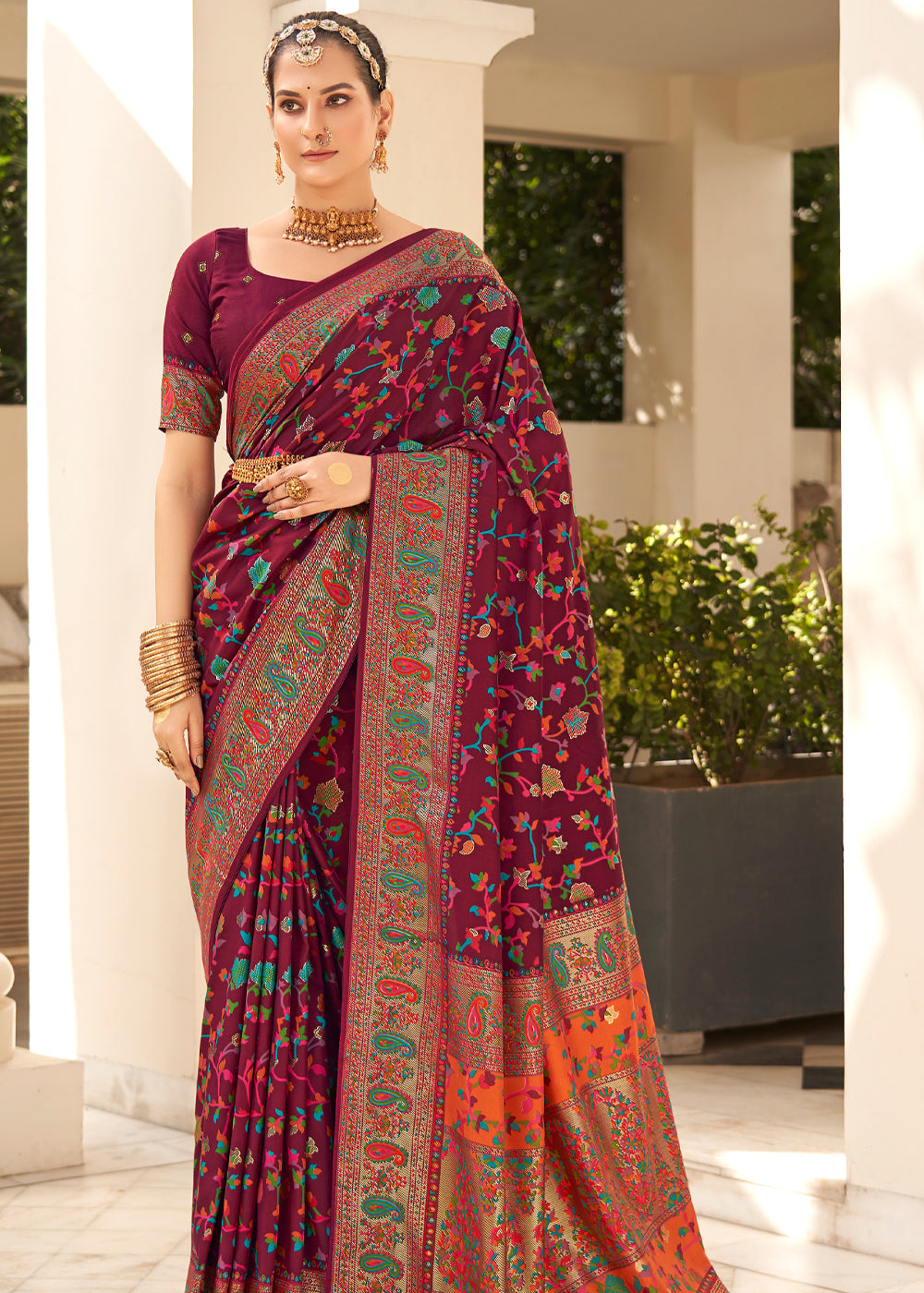 Buy MySilkLove Burgundy Maroon Handloom Printed Kashmiri Jamewar Silk Saree Online