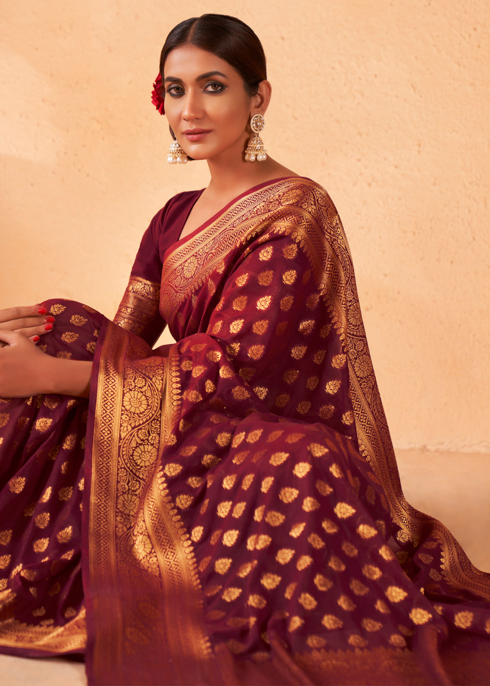 Buy MySilkLove El Salva Brown Woven Georgette Saree Online