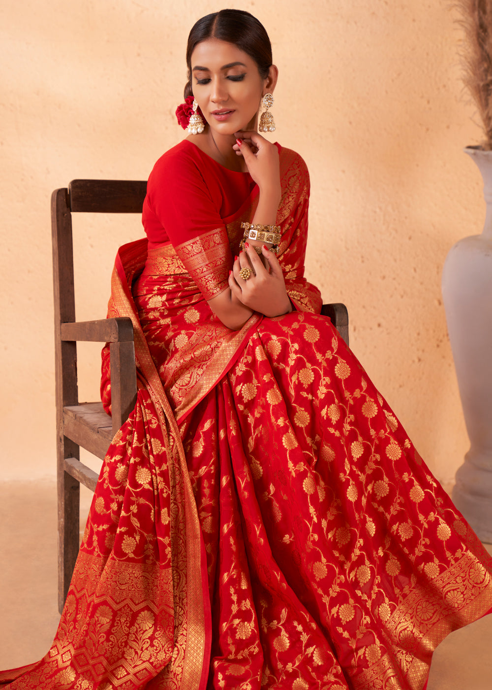 Buy MySilkLove Bright Red Woven Georgette Saree Online