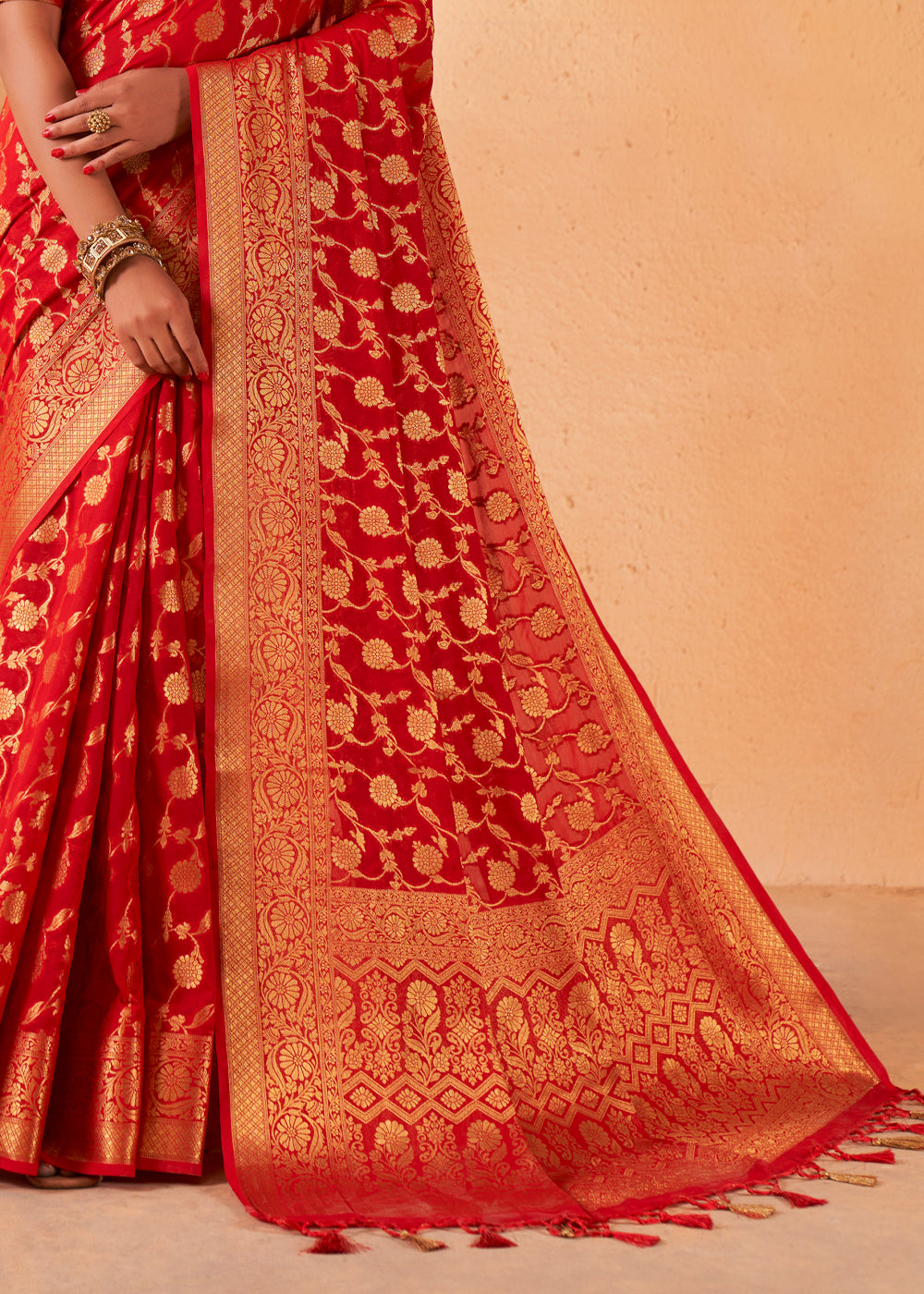 Buy MySilkLove Bright Red Woven Georgette Saree Online