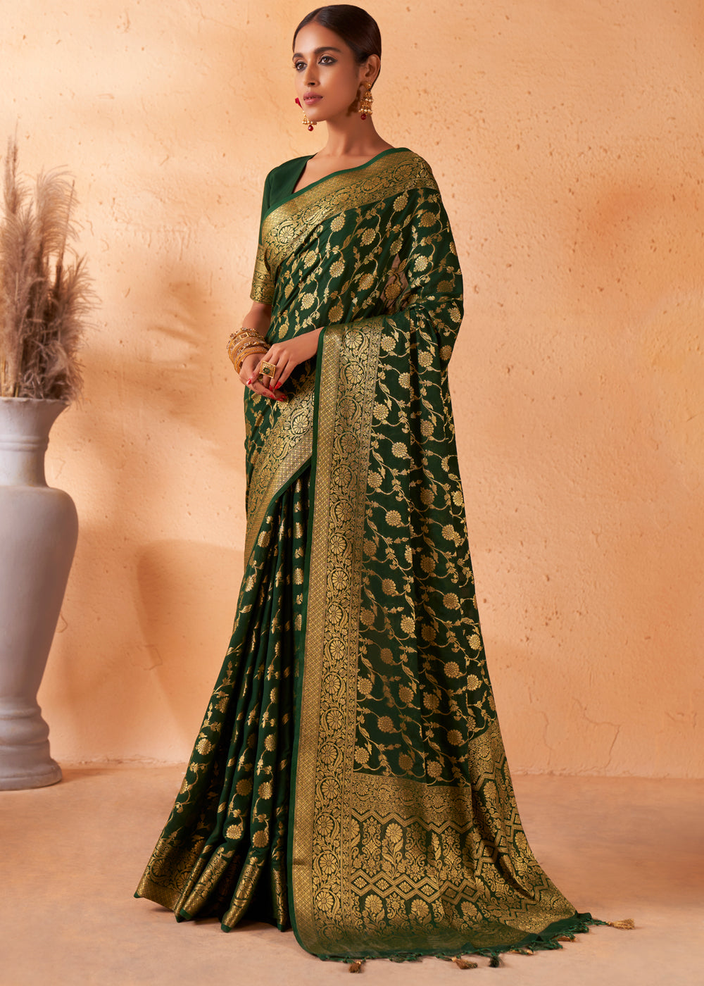 MySilkLove Woodland Green Woven Georgette Saree