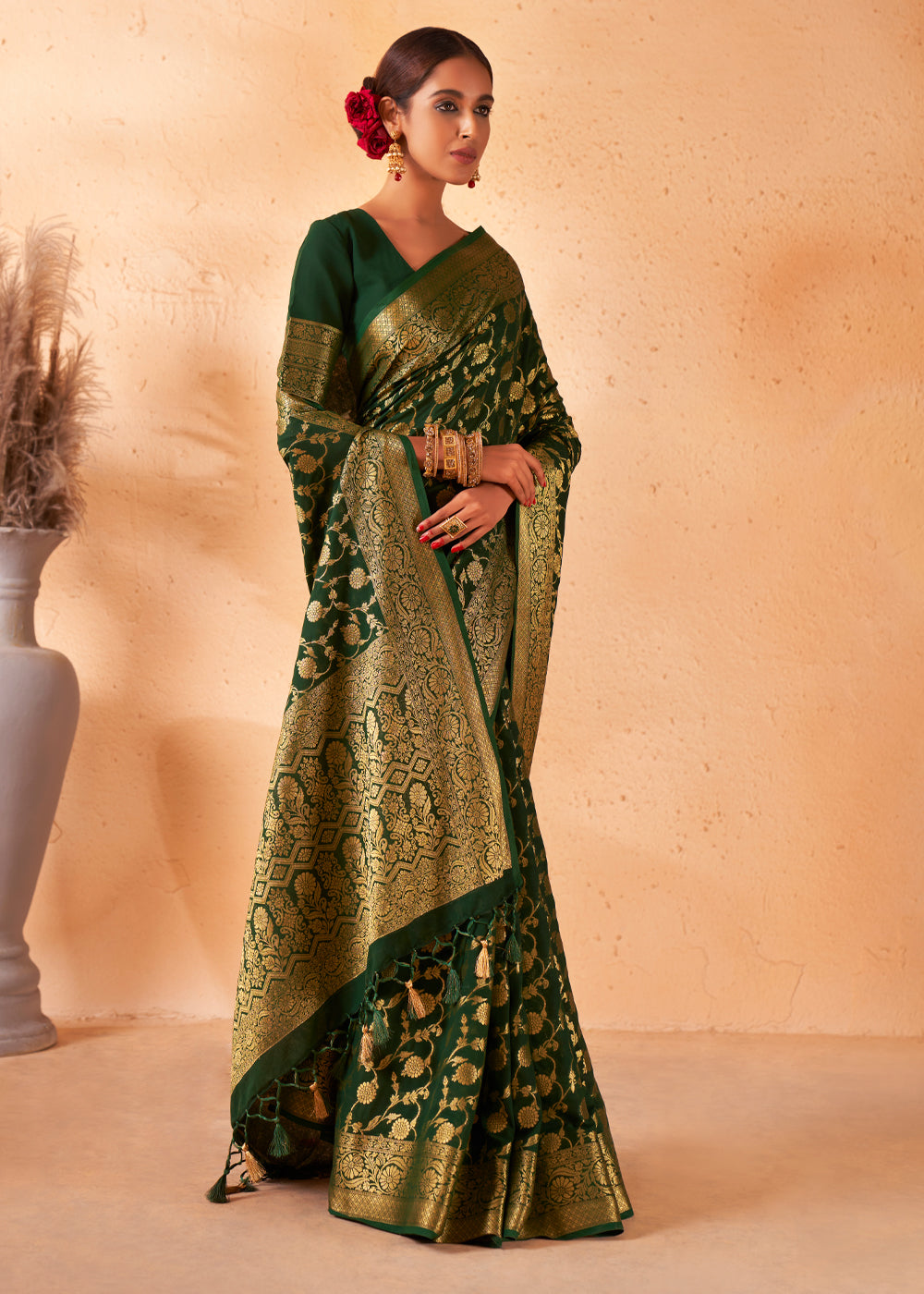 Buy MySilkLove Woodland Green Woven Georgette Saree Online