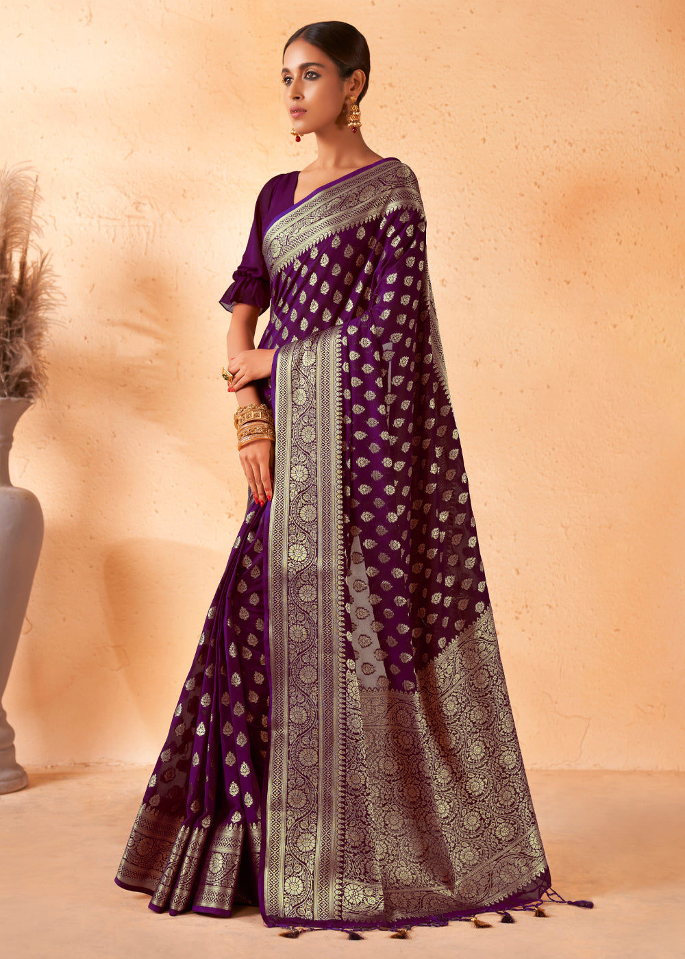 MySilkLove Finn Purple Woven Georgette Saree