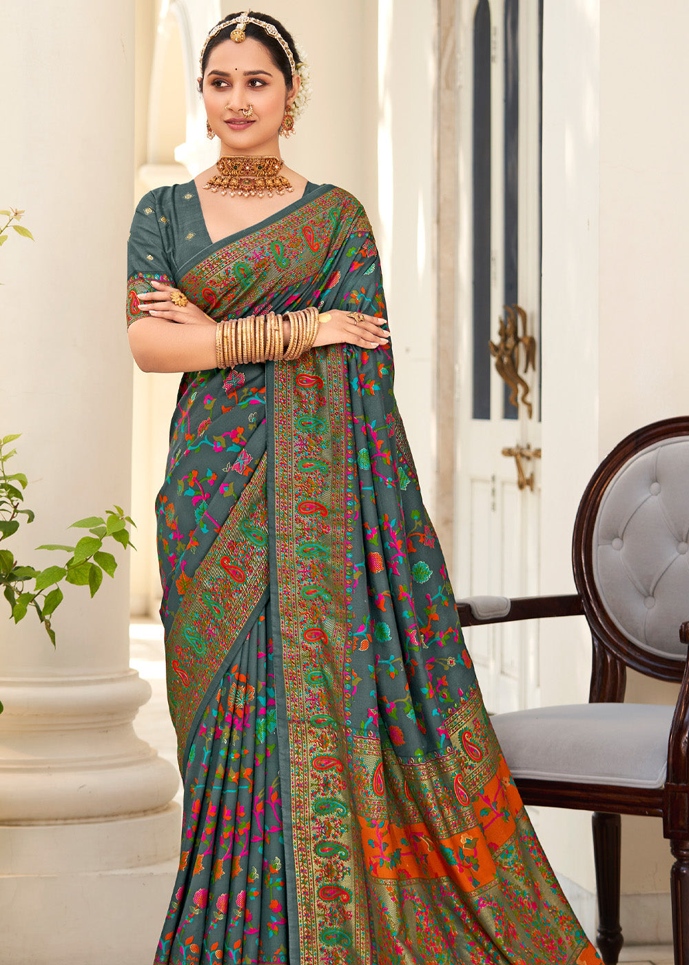 Buy MySilkLove Hunter Grey Handloom Printed Kashmiri Jamewar Silk Saree Online