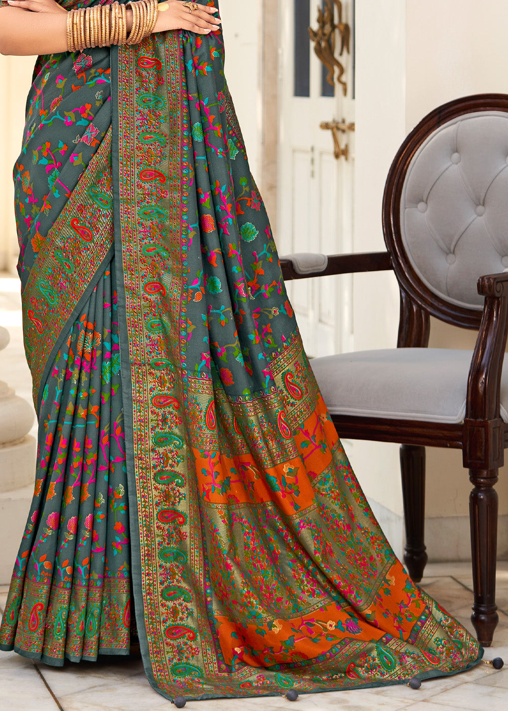 Buy MySilkLove Hunter Grey Handloom Printed Kashmiri Jamewar Silk Saree Online