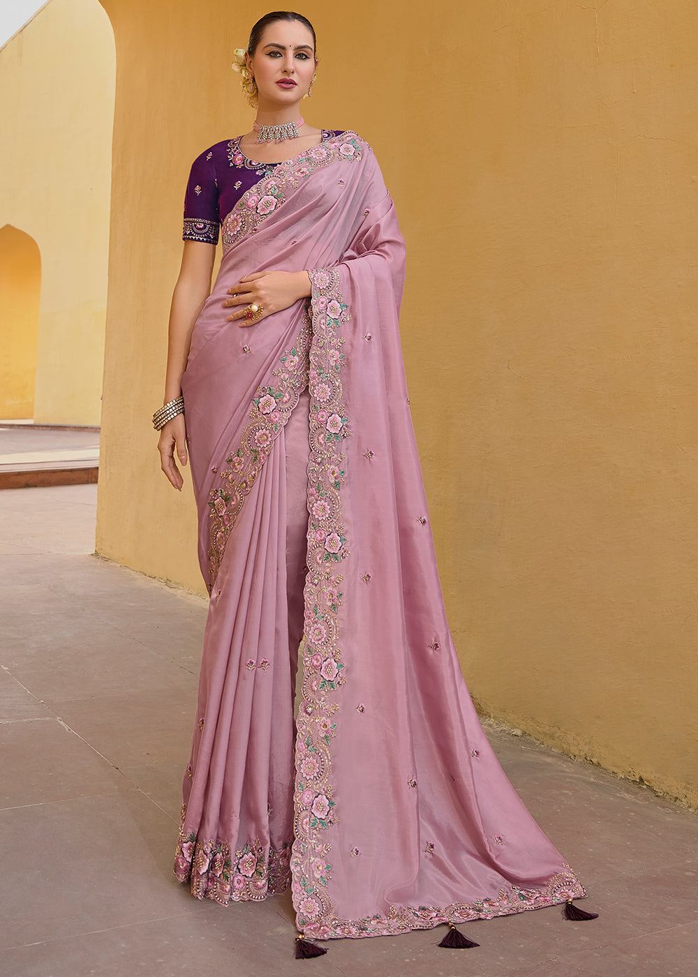 Buy MySilkLove Viola Pink Tissue Organza Embroidered Silk Saree Online