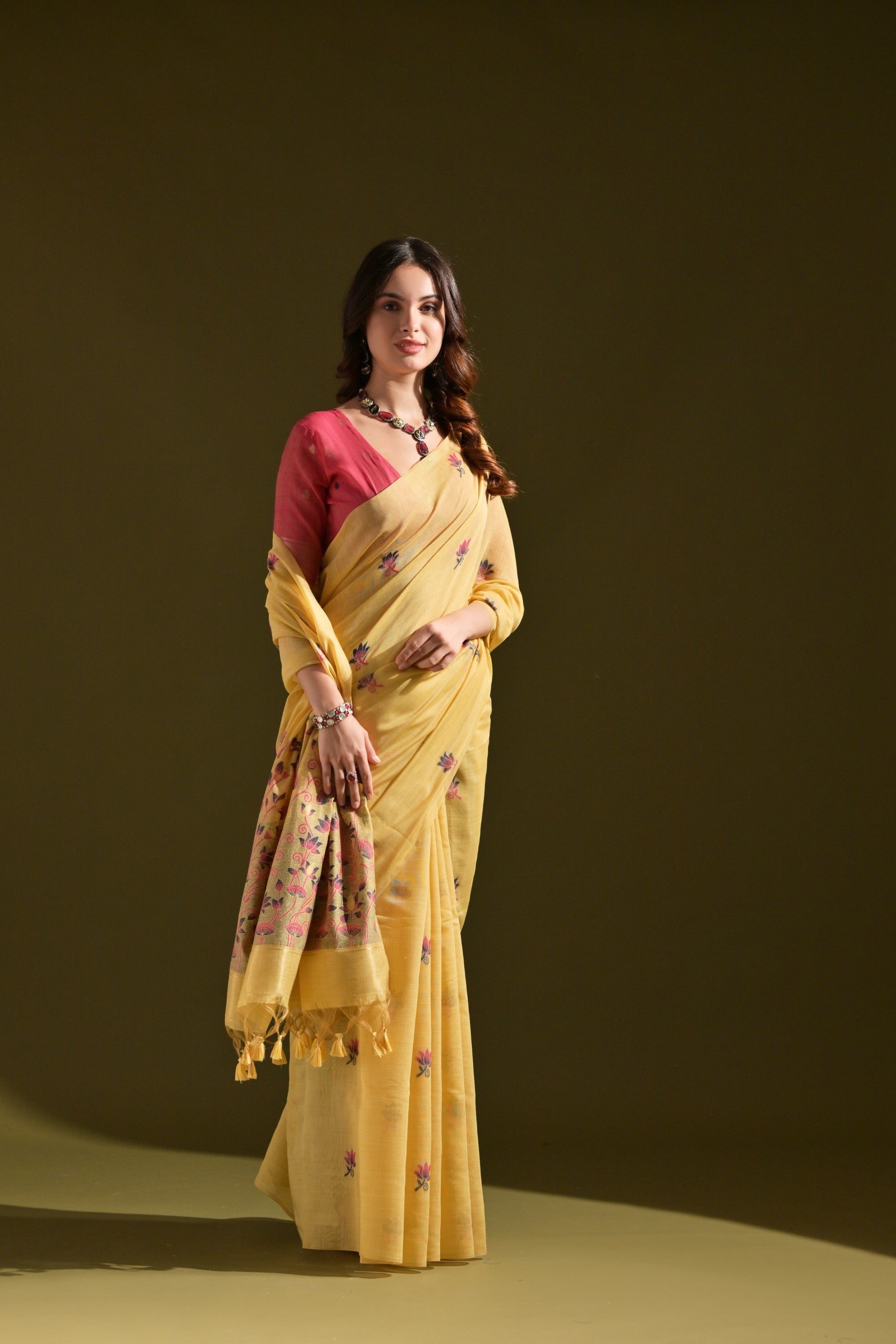 Buy MySilkLove Chalky Yellow Meenakari Woven Muga Cotton Saree Online