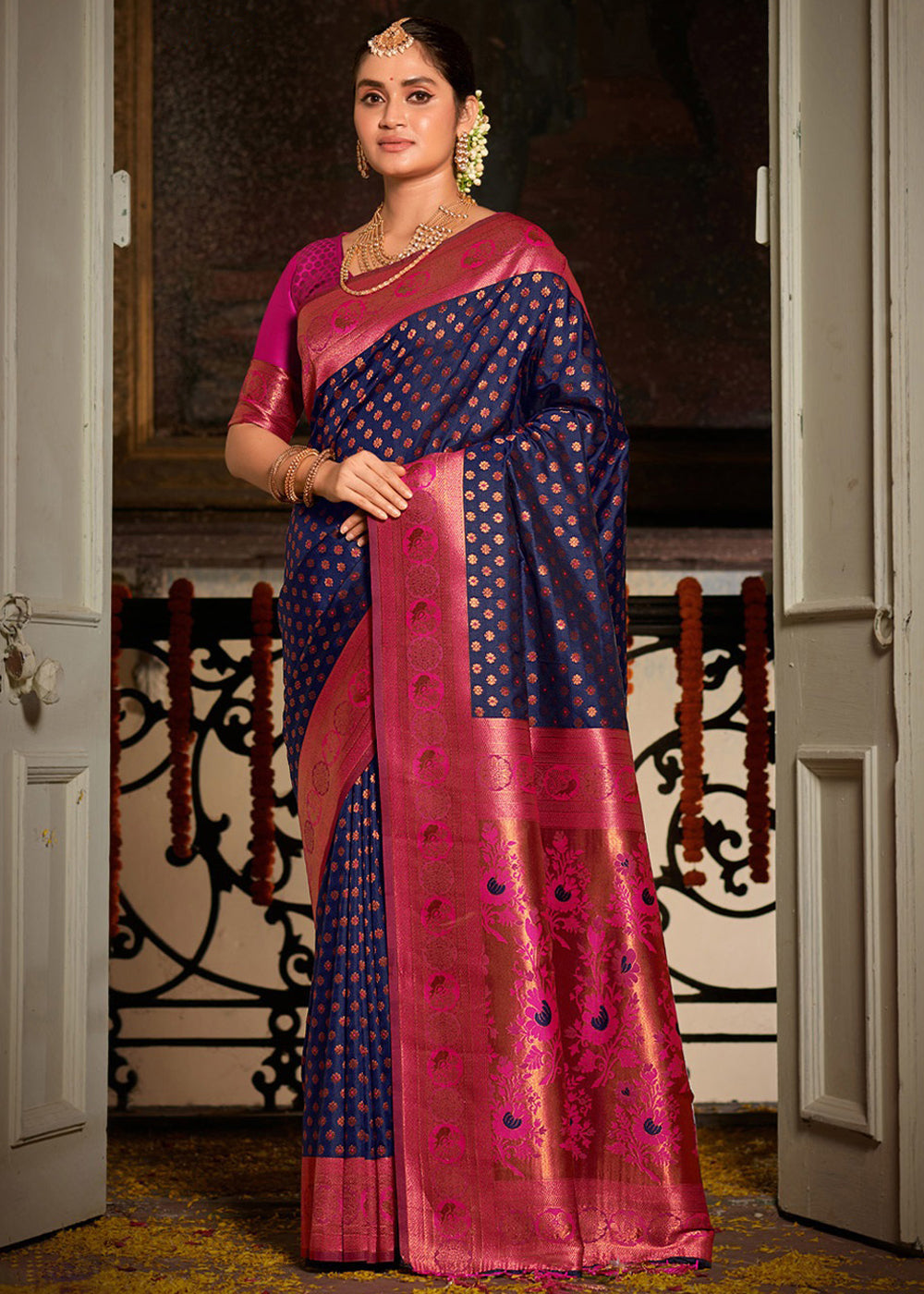 Buy MySilkLove Fuchsia Blue and Pink Woven Banarasi Silk Saree Online