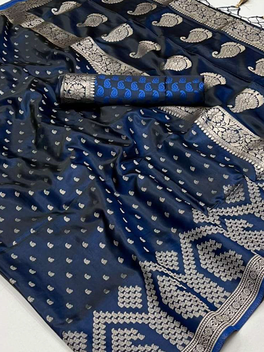 Buy MySilkLove Jacksons Blue Banarasi Handloom Satin Silk saree Online