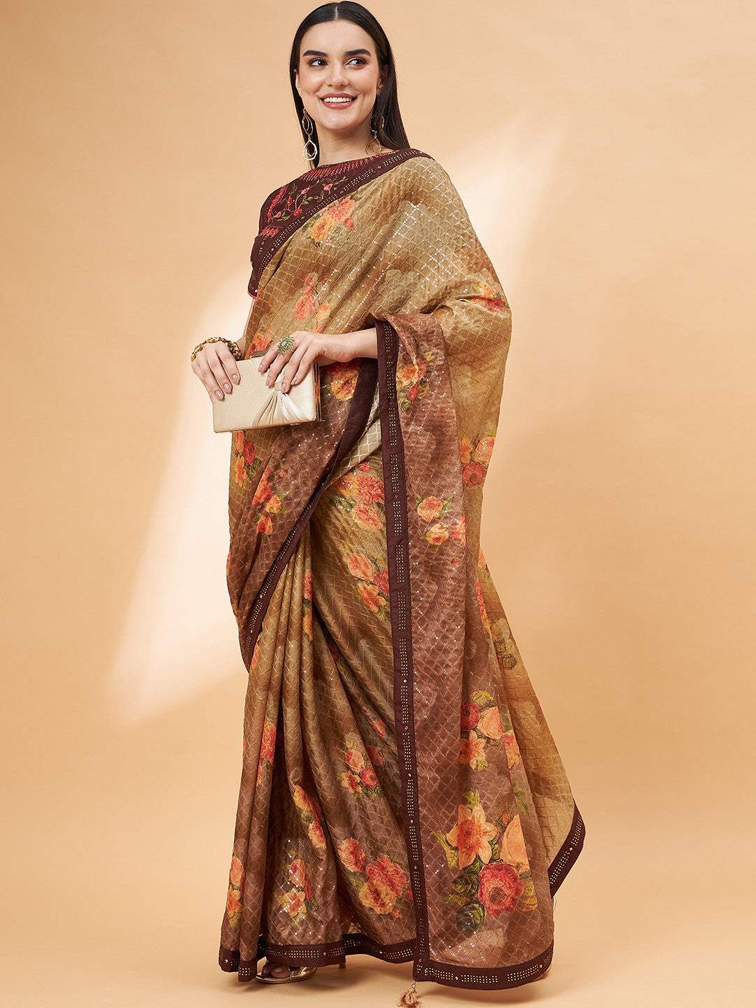 Buy MySilkLove Pastry Brown Georgette Designer Saree Online