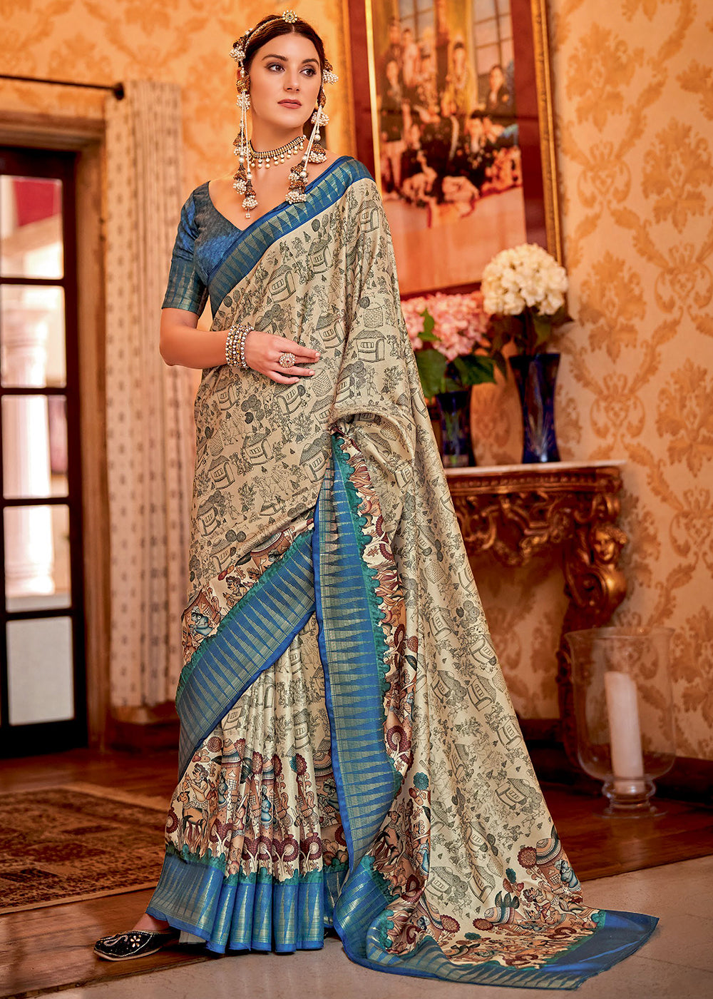 Buy MySilkLove Beige Cream and Blue Manipuri Temple Printed Silk Saree Online