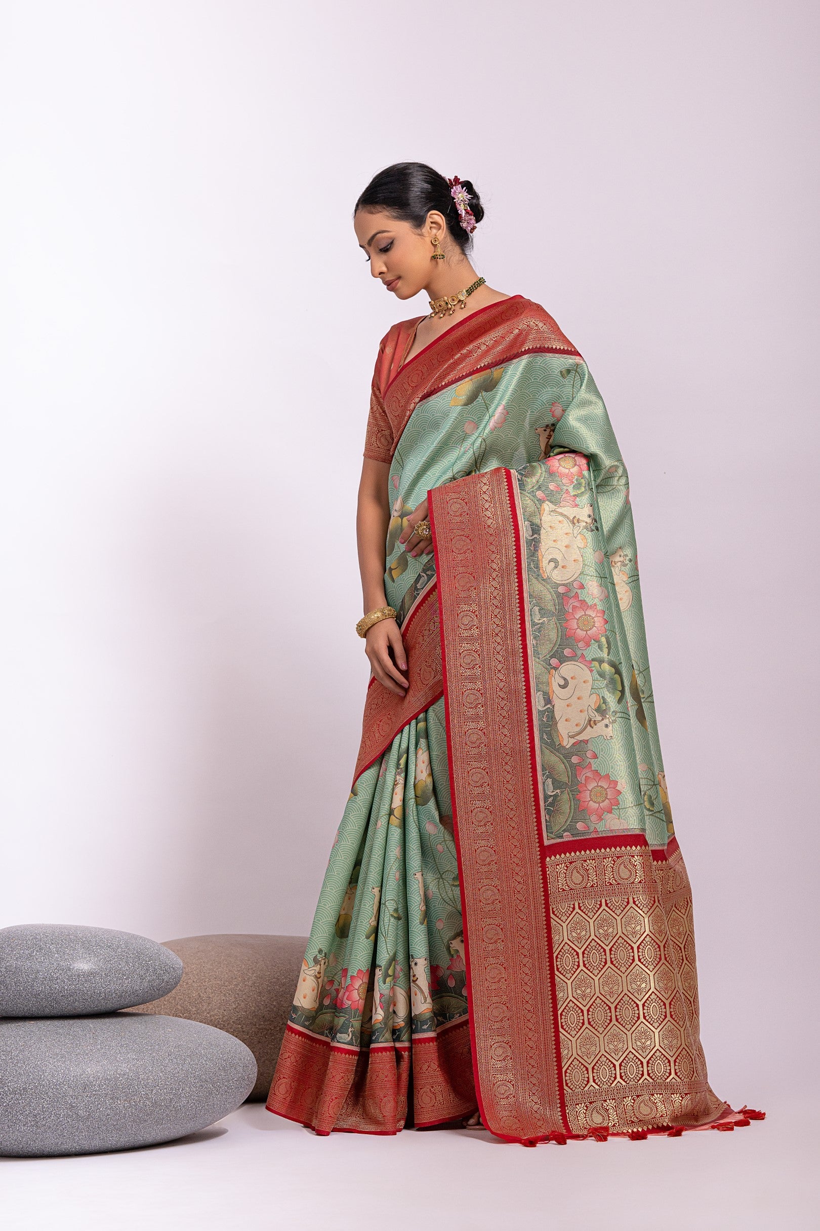 Buy MySilkLove Camouflage Green Woven Tissue Silk Saree Online