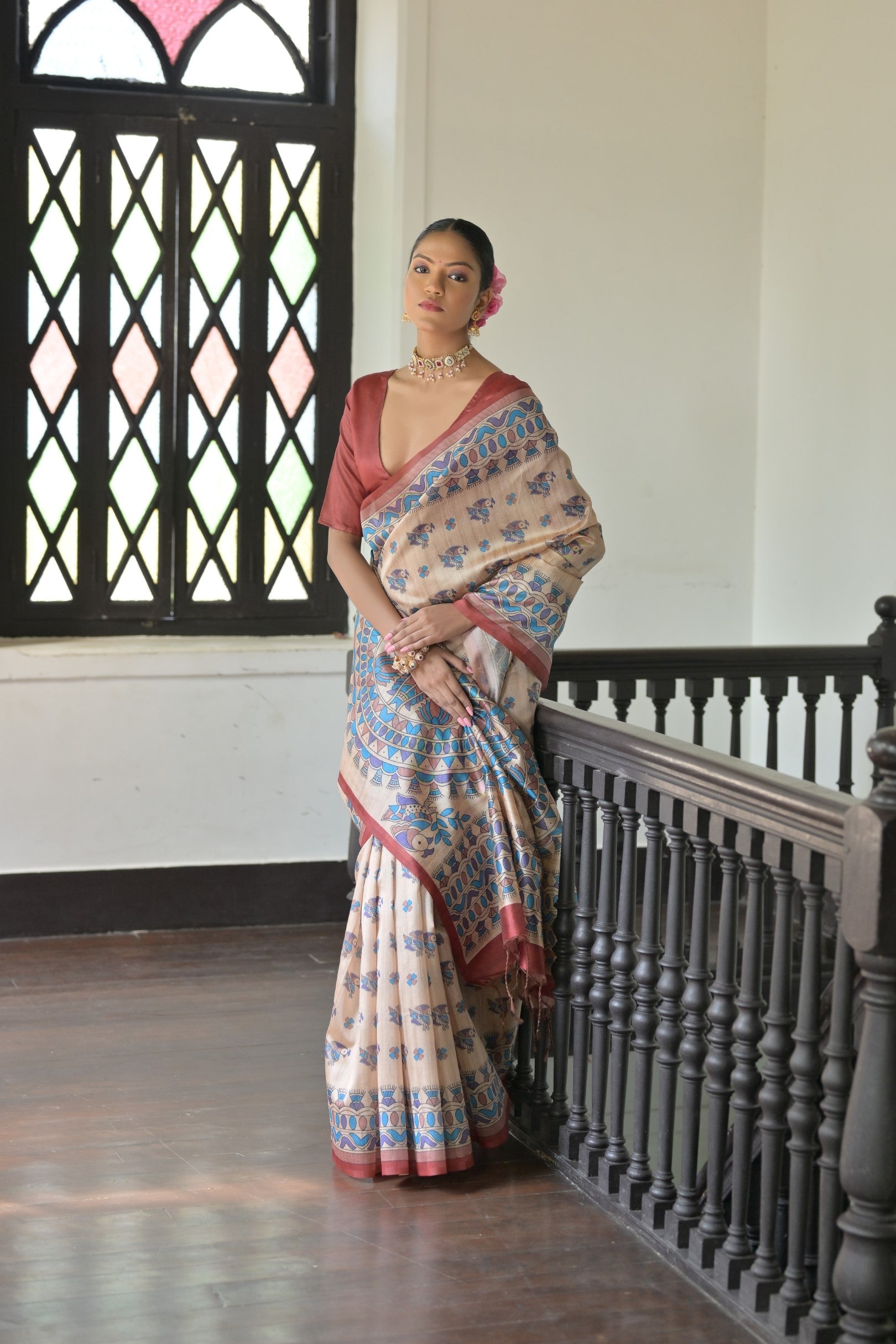 Buy MySilkLove Vanilla Cream and Red Madhubani Printed Tussar Silk Saree Online