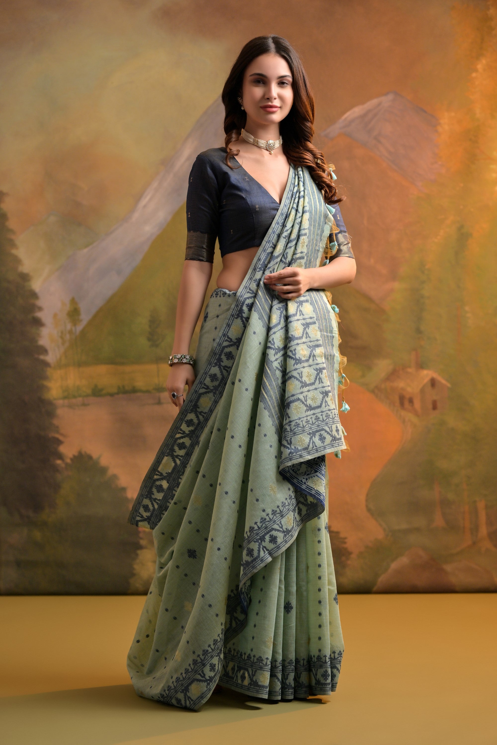 Buy MySilkLove Eagle Green Jamdani Woven Muga Cotton Saree Online