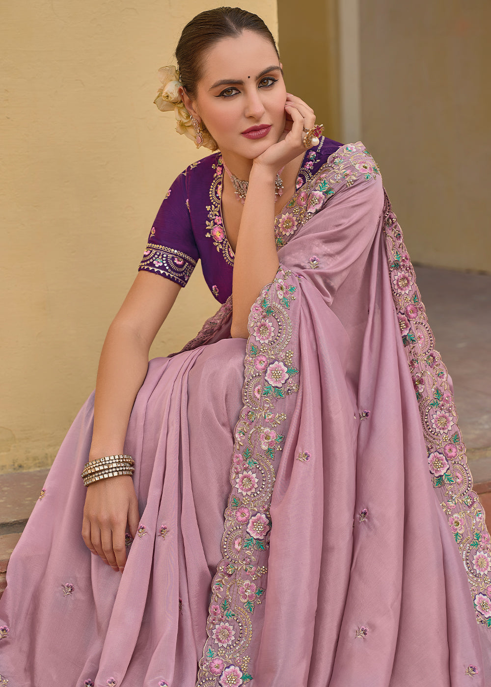 MySilkLove Viola Pink Tissue Organza Embroidered Silk Saree