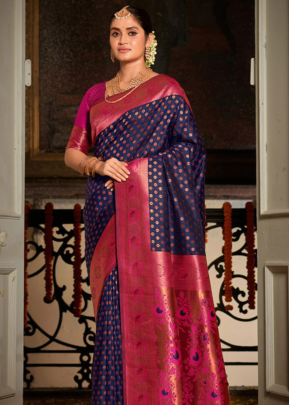 MySilkLove Fuchsia Blue and Pink Woven Banarasi Silk Saree