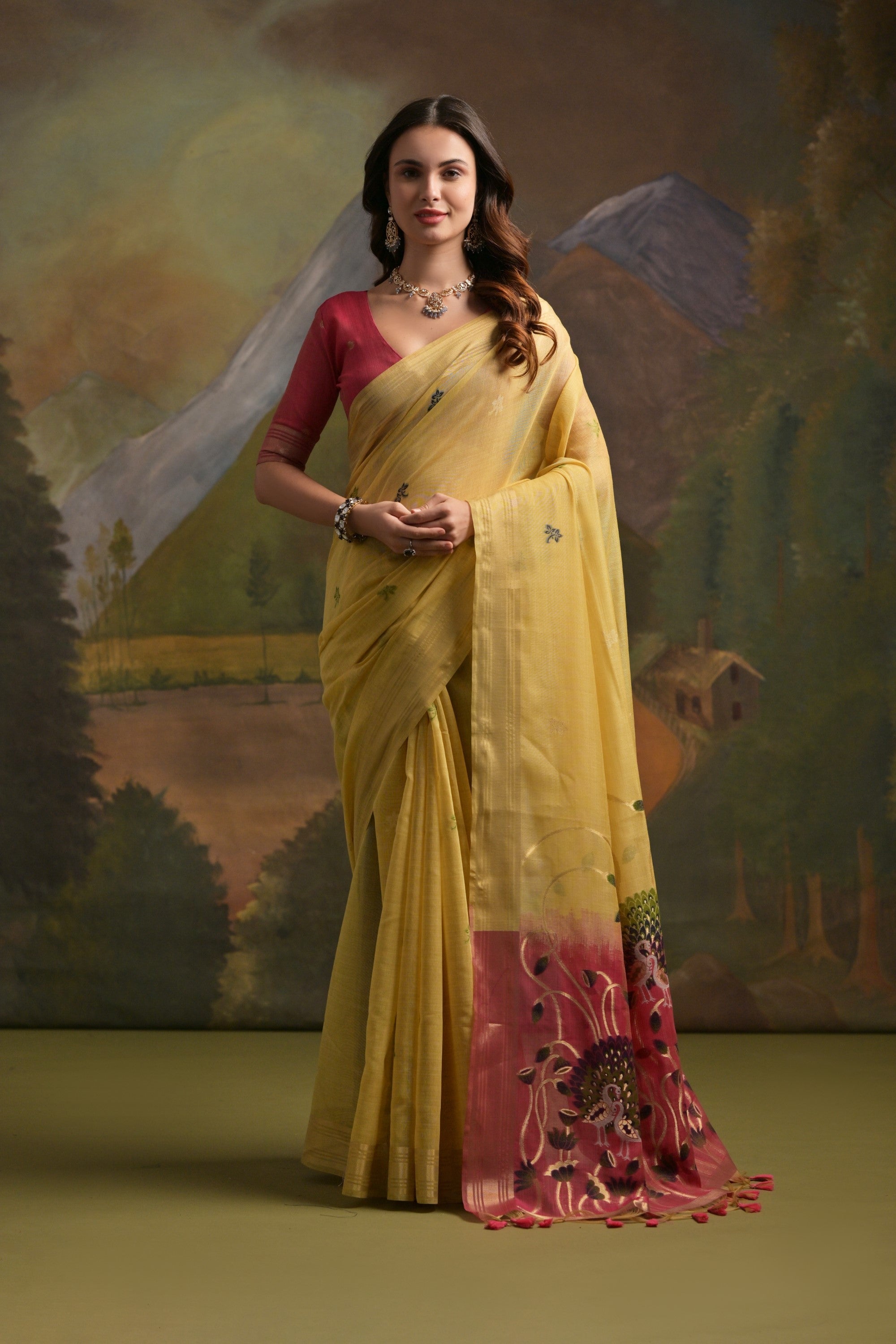 Buy MySilkLove Bush Yellow Pichwai Woven Muga Cotton Saree Online