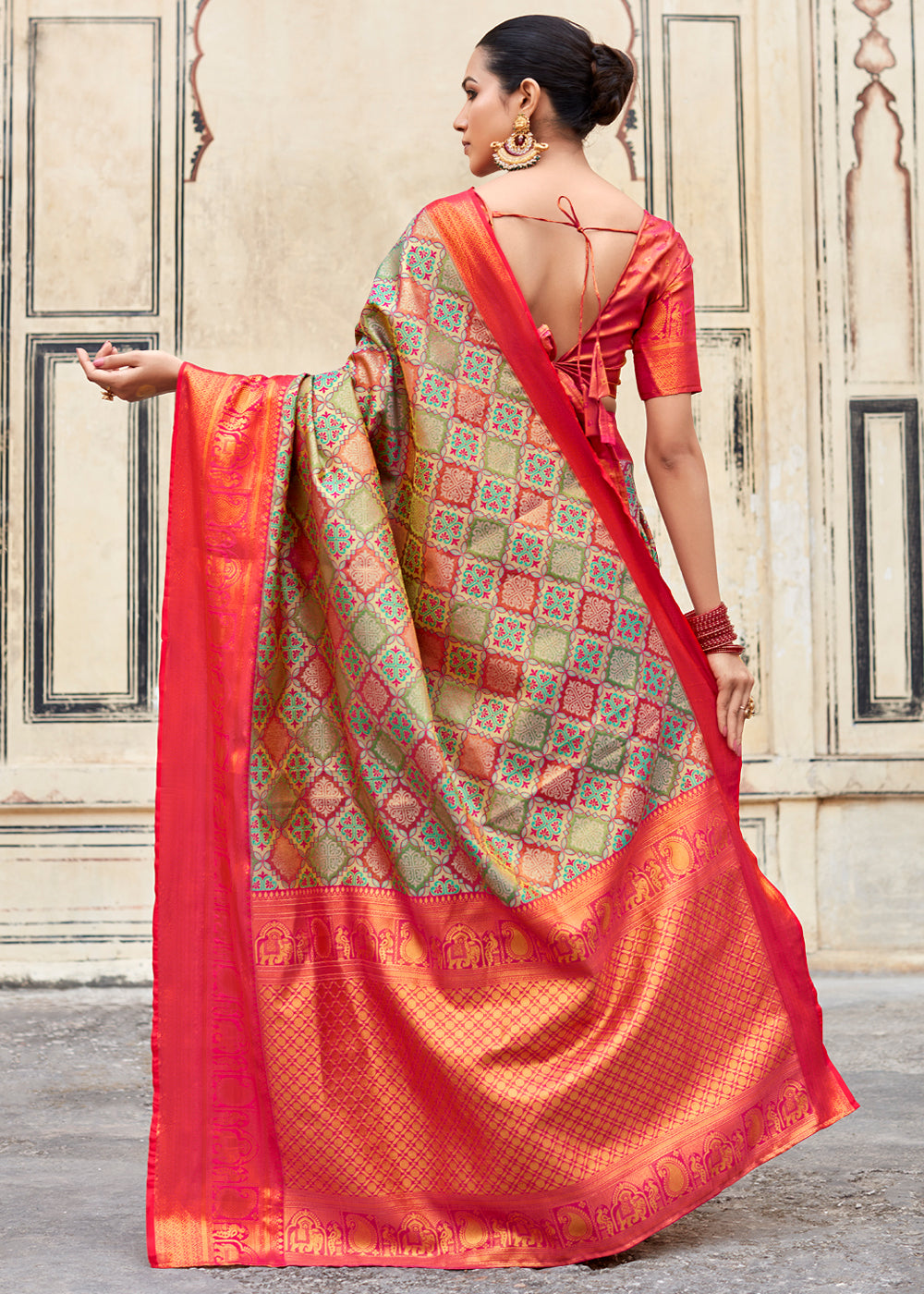 MySilkLove Indian Khaki Green and Red Woven Banarasi Silk Saree