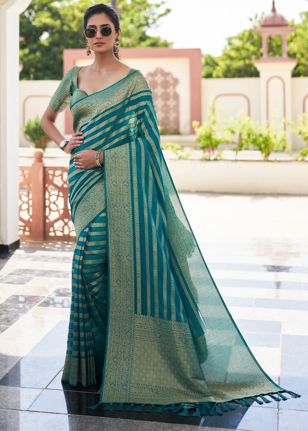 Buy MySilkLove Elm Blue Woven Lehriya Georgette Saree Online