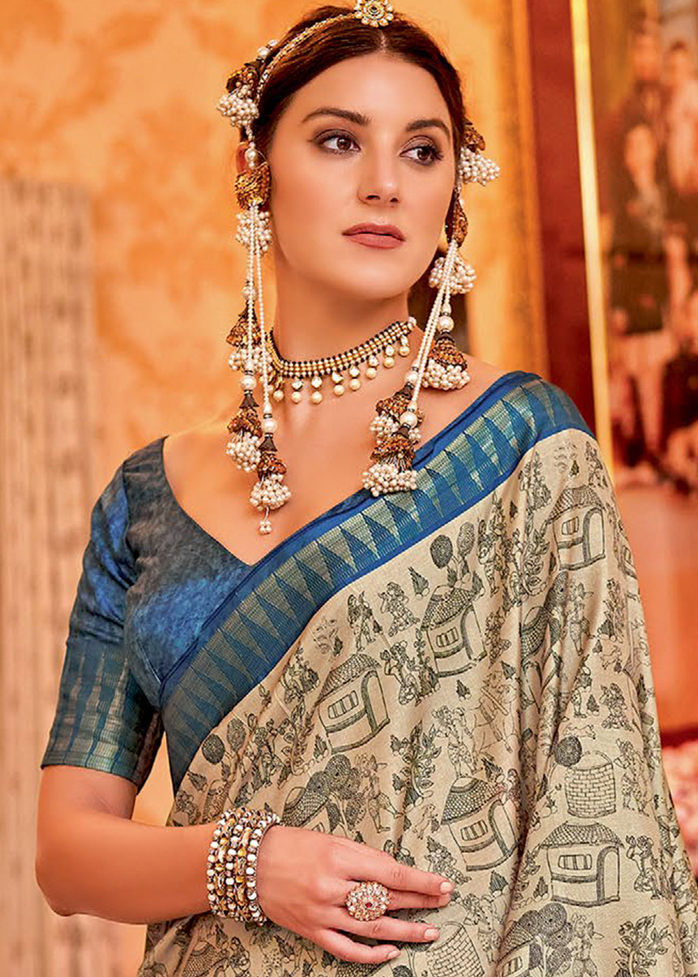 Buy MySilkLove Beige Cream and Blue Manipuri Temple Printed Silk Saree Online