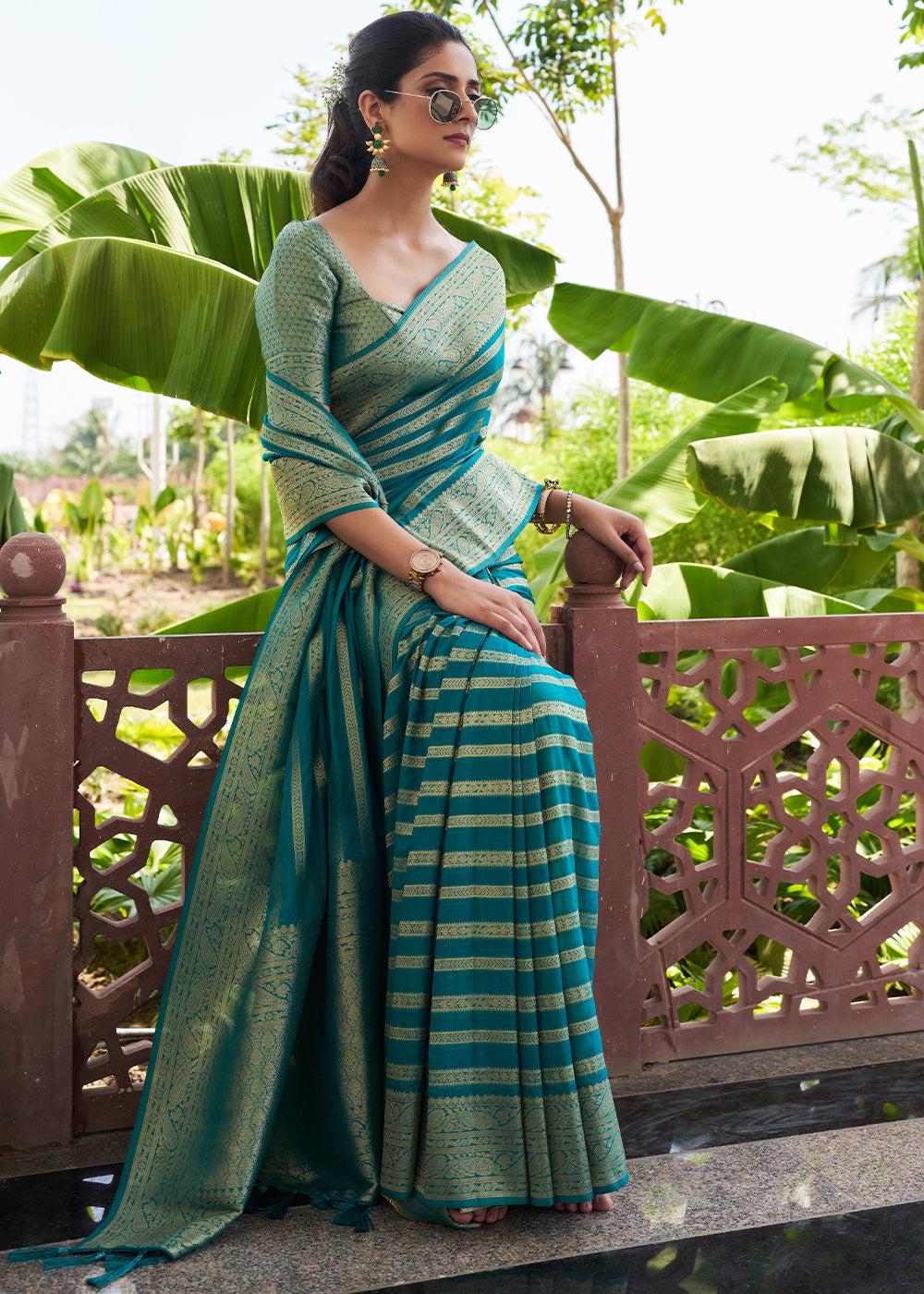 Buy MySilkLove Elm Blue Woven Lehriya Georgette Saree Online