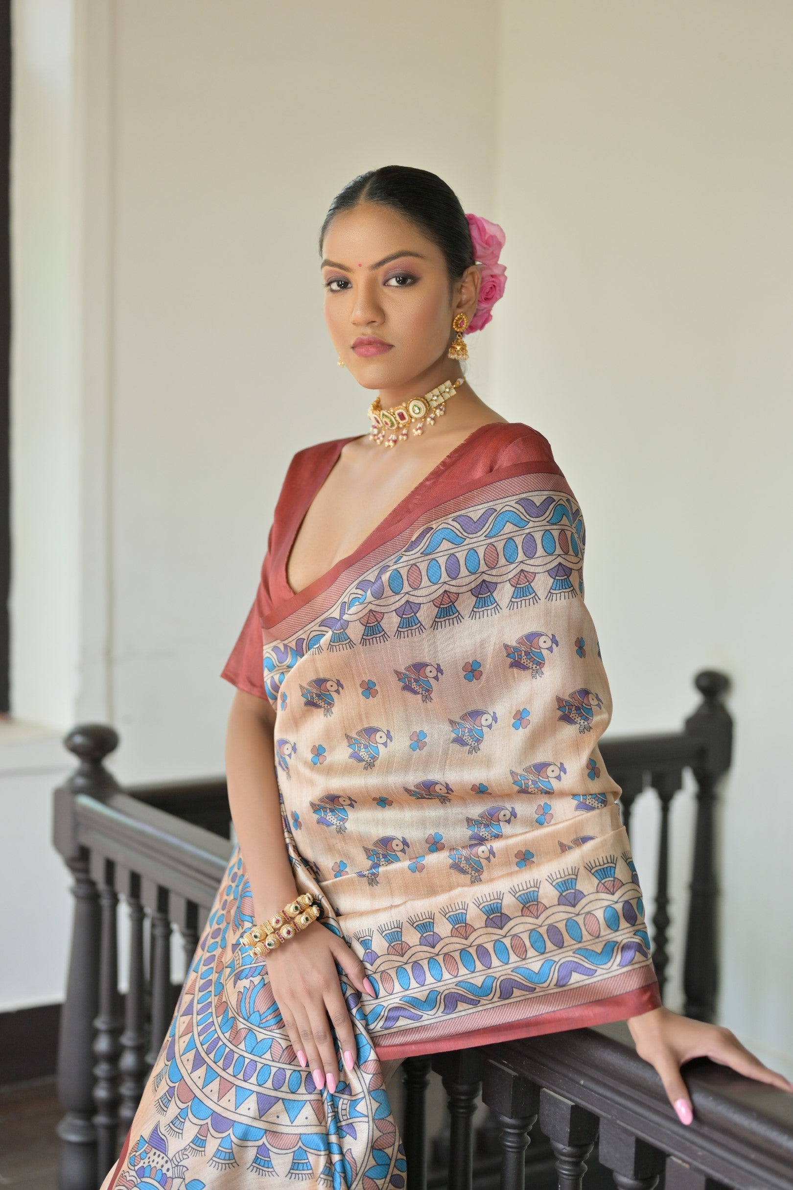 Buy MySilkLove Vanilla Cream and Red Madhubani Printed Tussar Silk Saree Online