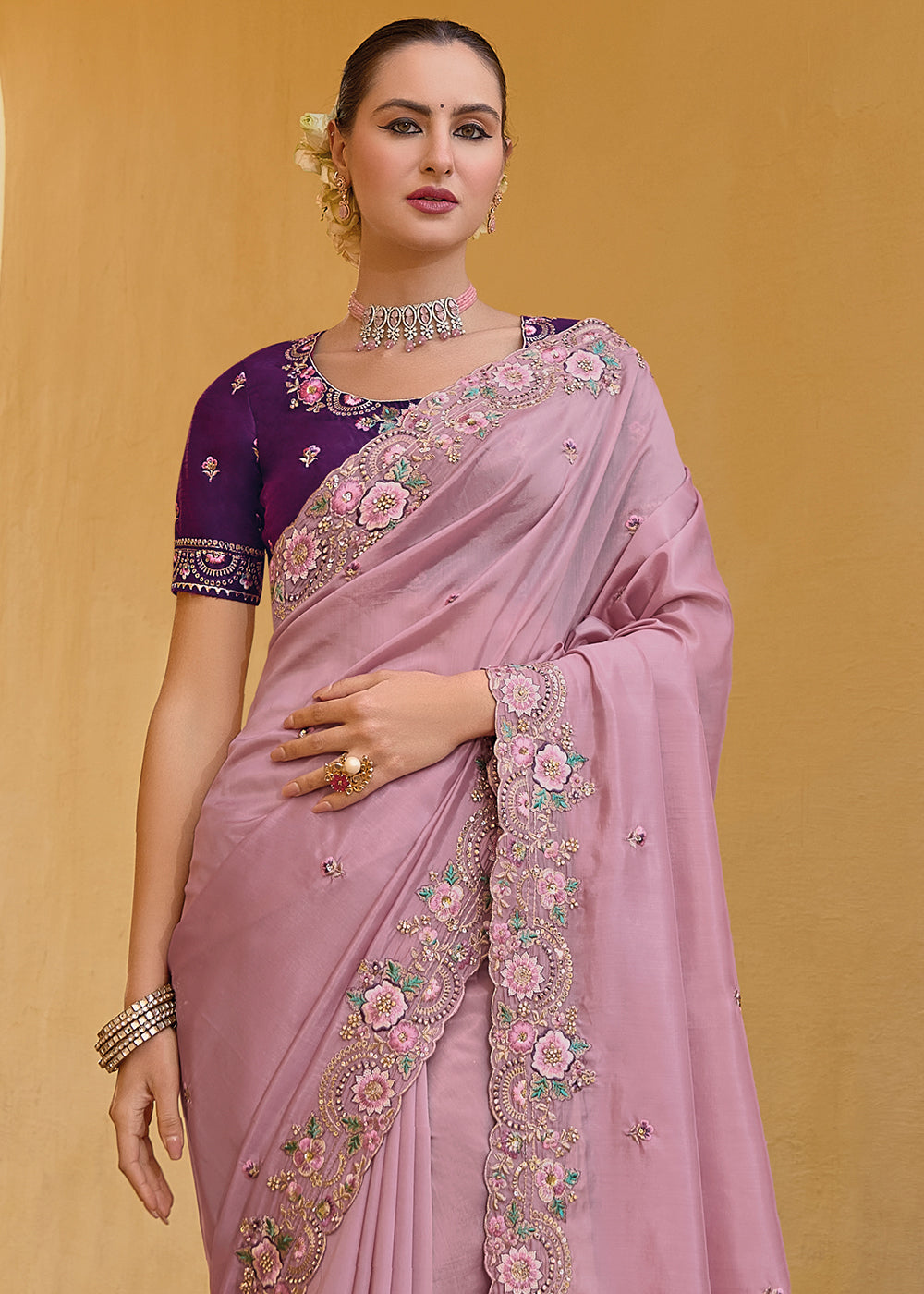 Buy MySilkLove Viola Pink Tissue Organza Embroidered Silk Saree Online