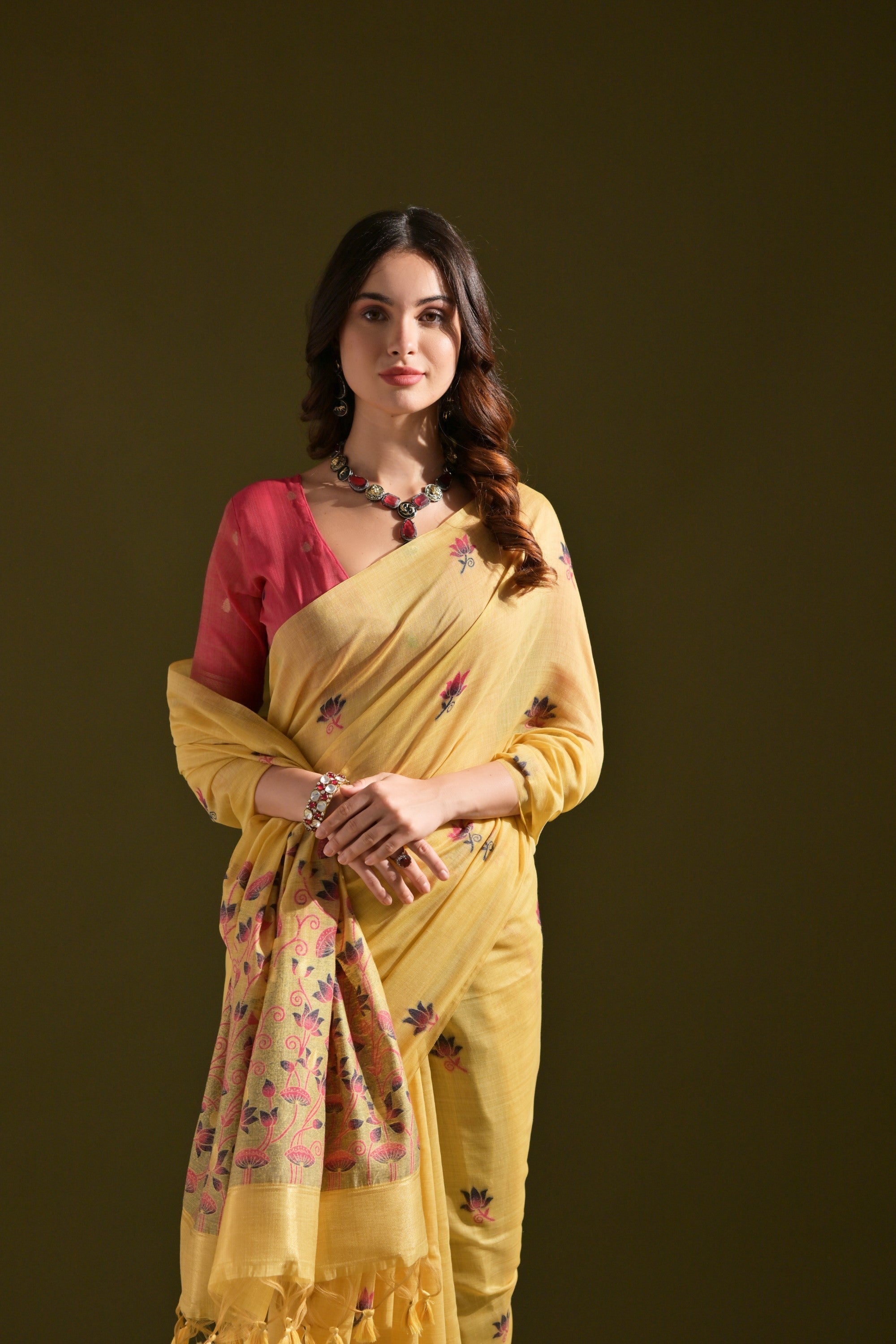 MySilkLove Chalky Yellow Meenakari Woven Muga Cotton Saree