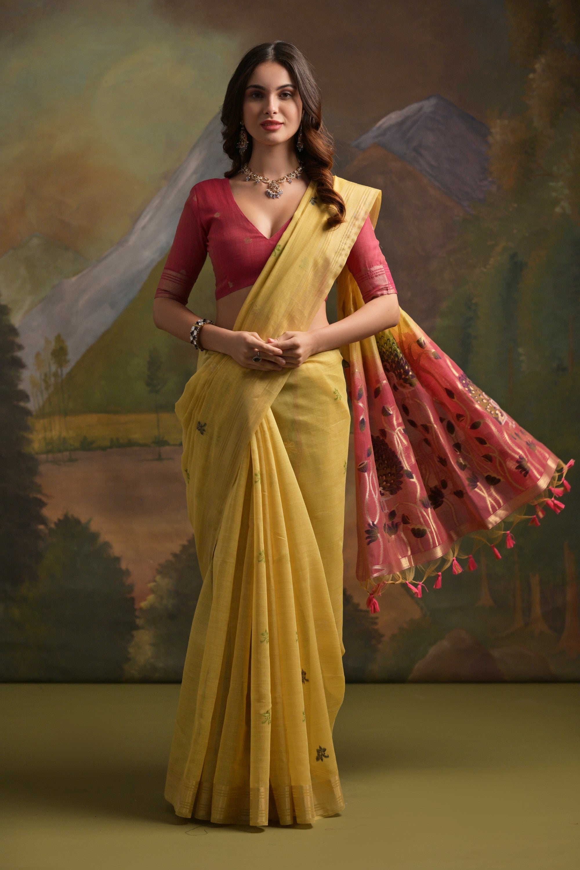 MySilkLove Bush Yellow Pichwai Woven Muga Cotton Saree