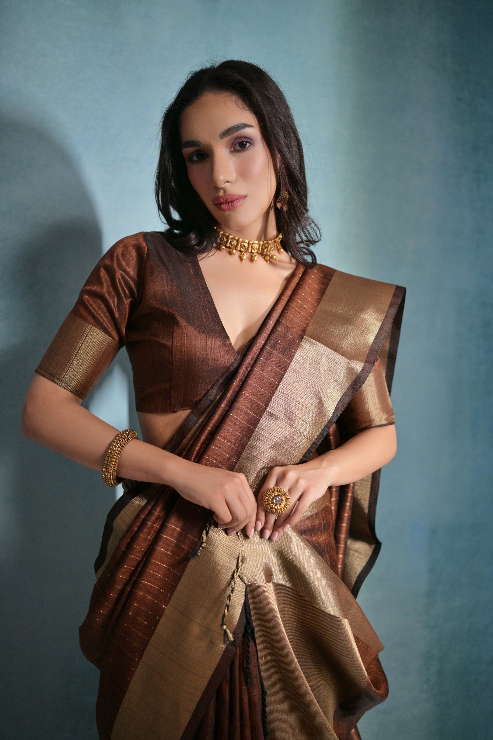 MySilkLove Coco Brown Woven Raw Silk Saree