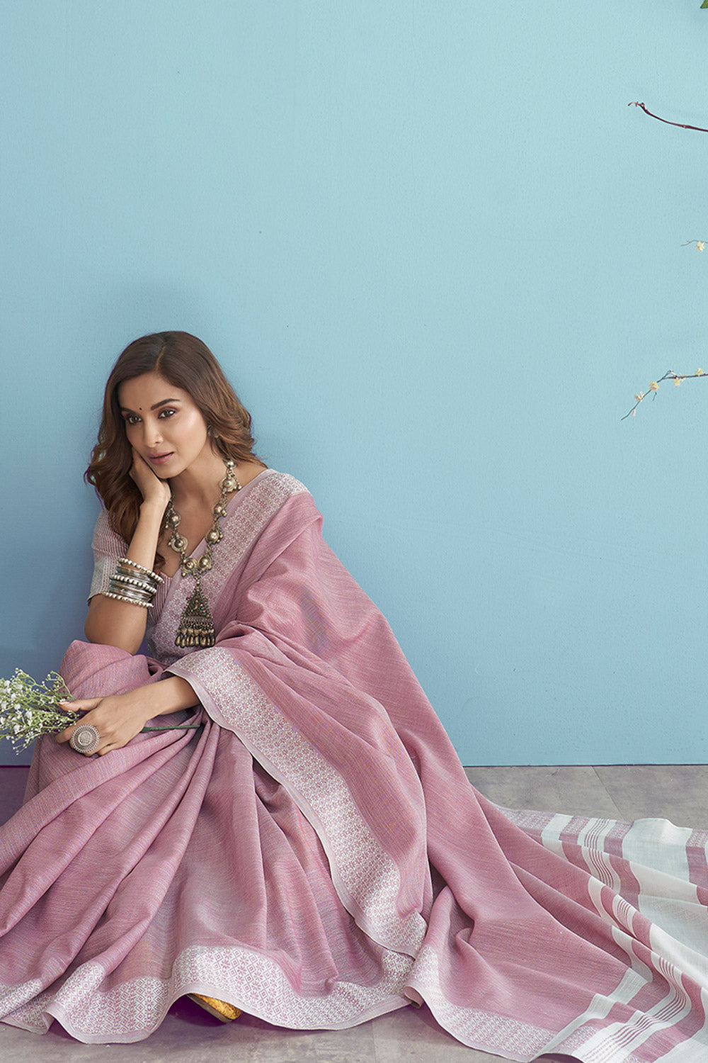 Buy MySilkLove Clam Shell Pink Linen Saree Online