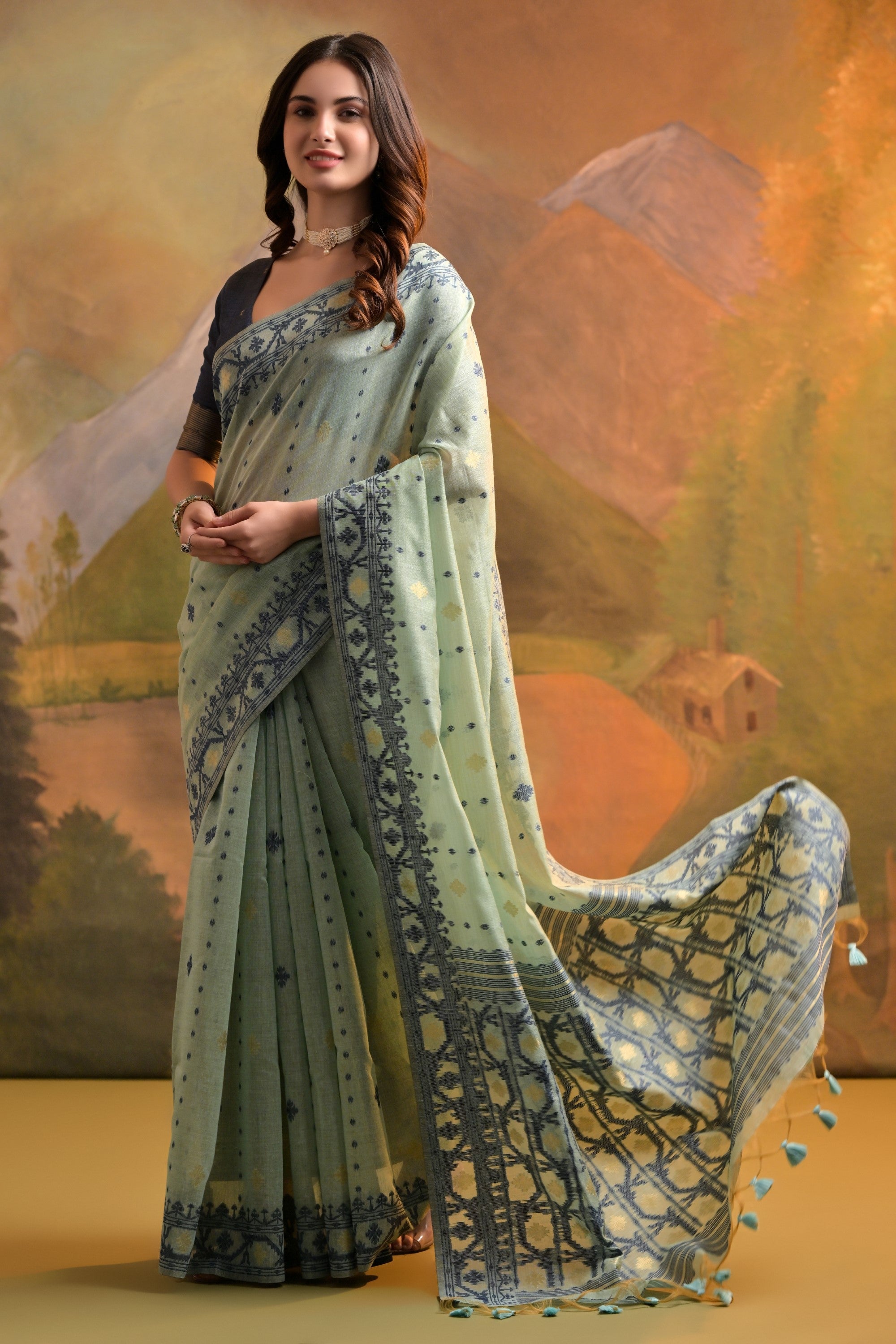 Buy MySilkLove Eagle Green Jamdani Woven Muga Cotton Saree Online