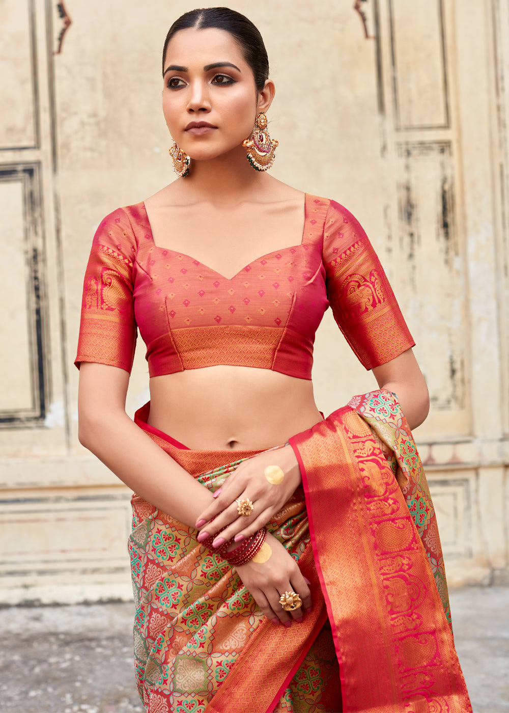 Buy MySilkLove Indian Khaki Green and Red Woven Banarasi Silk Saree Online