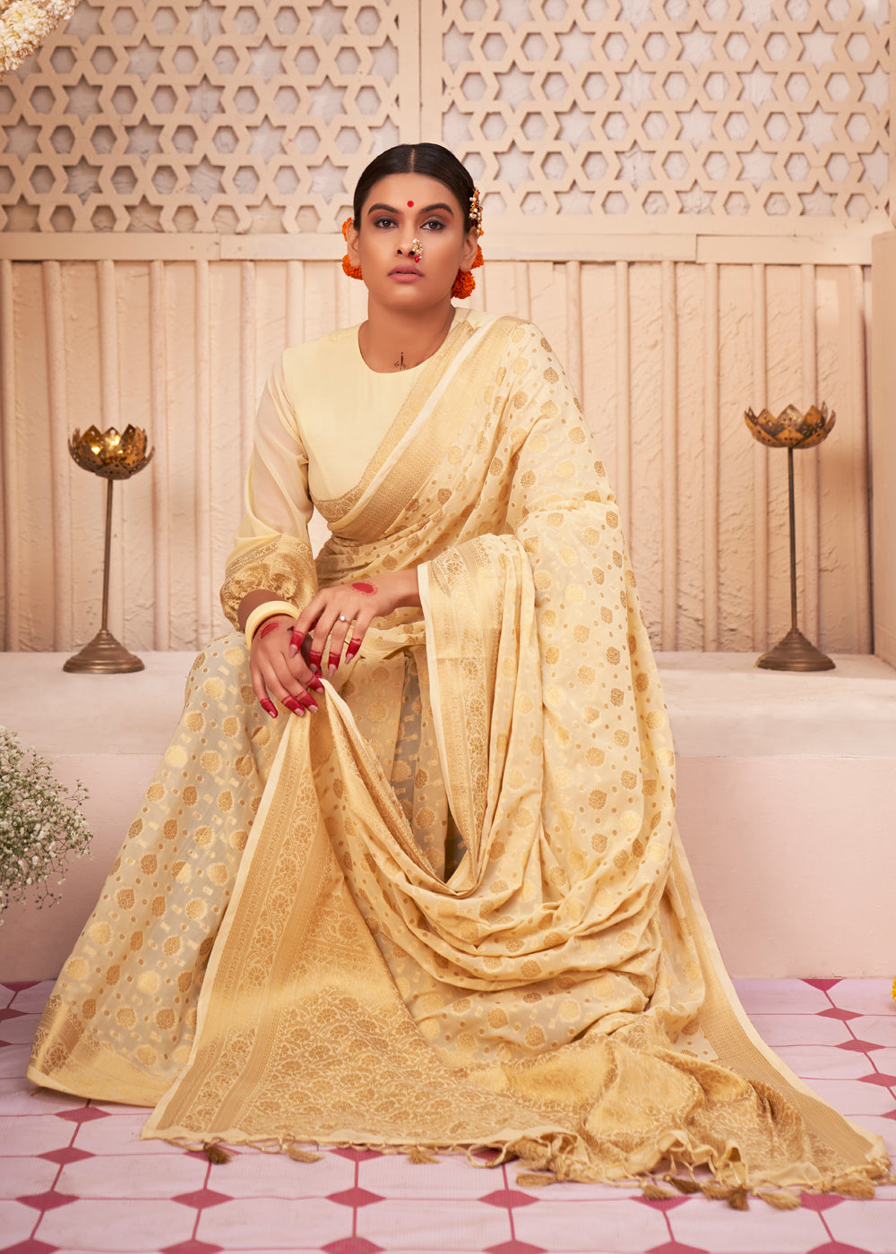 Buy MySilkLove Manhattan Cream Woven Georgette Saree Online