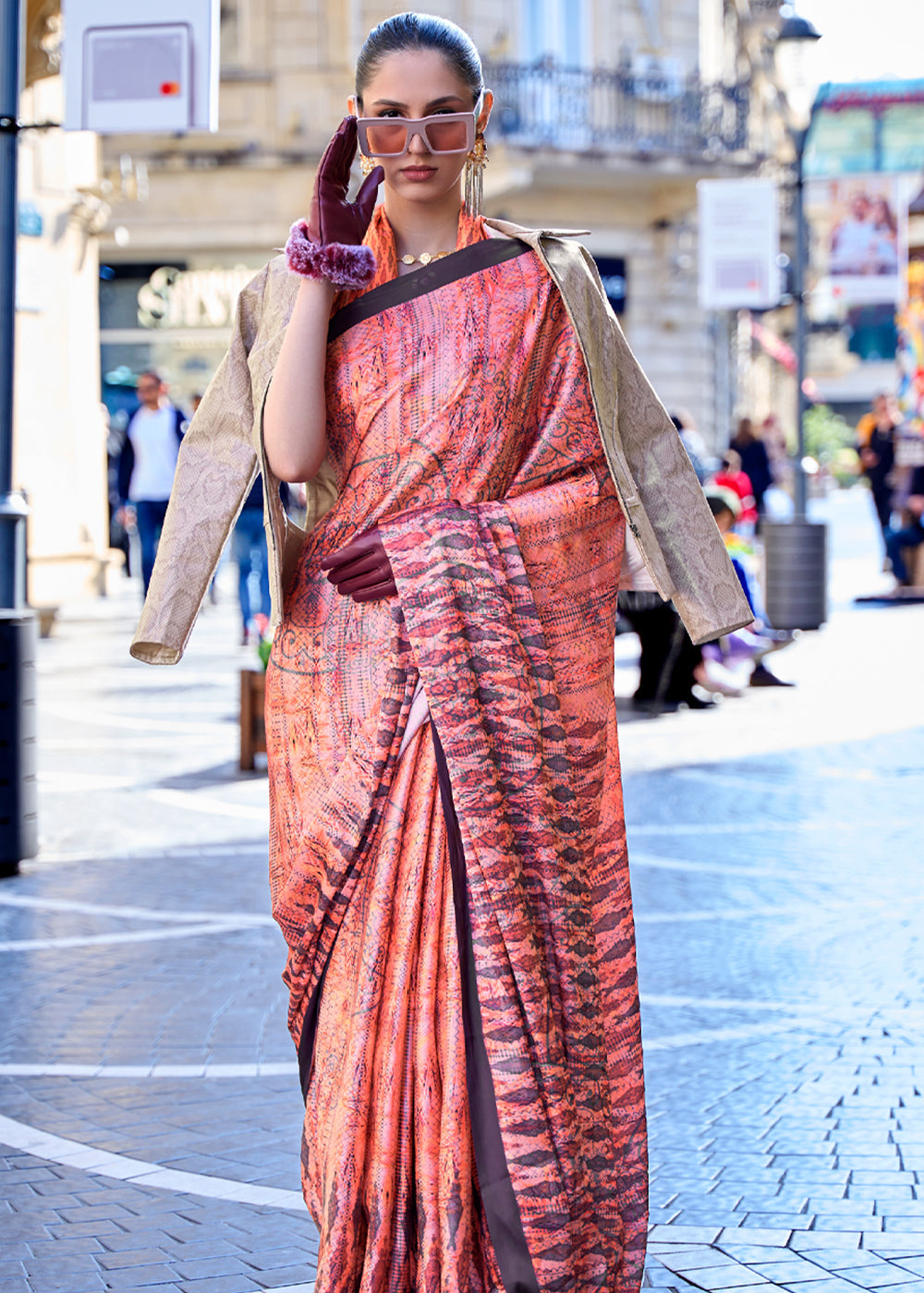 Buy MySilkLove Georgia Peach Digital Printed Satin Silk Saree Online