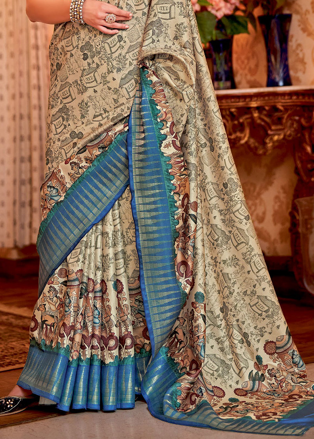 Buy MySilkLove Beige Cream and Blue Manipuri Temple Printed Silk Saree Online