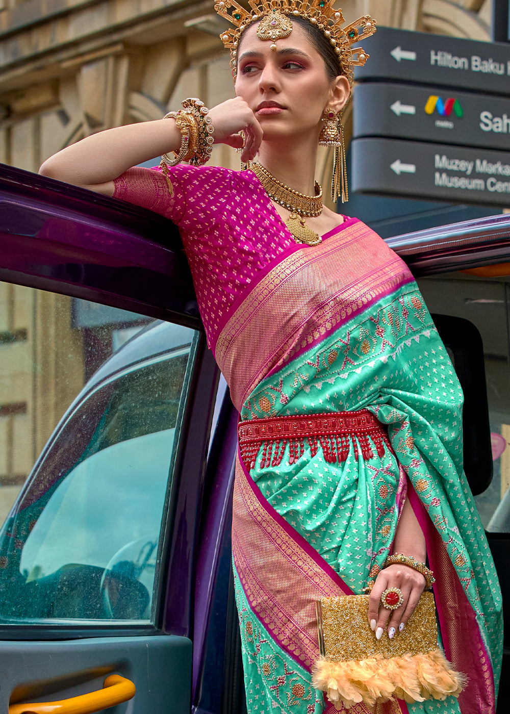 Buy MySilkLove Aquamarine Green Printed Patola Silk Saree Online