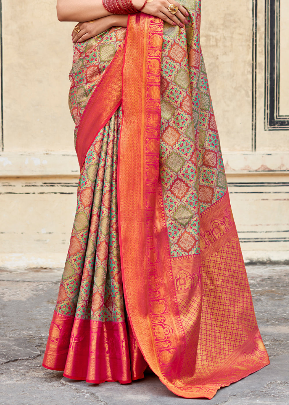 Buy MySilkLove Indian Khaki Green and Red Woven Banarasi Silk Saree Online