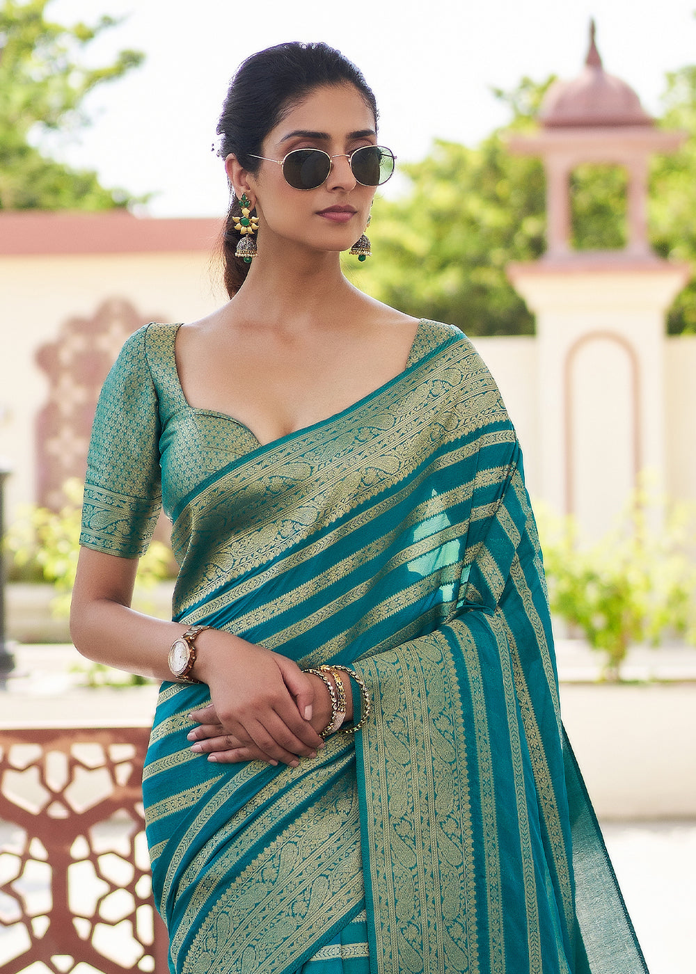 Buy MySilkLove Elm Blue Woven Lehriya Georgette Saree Online