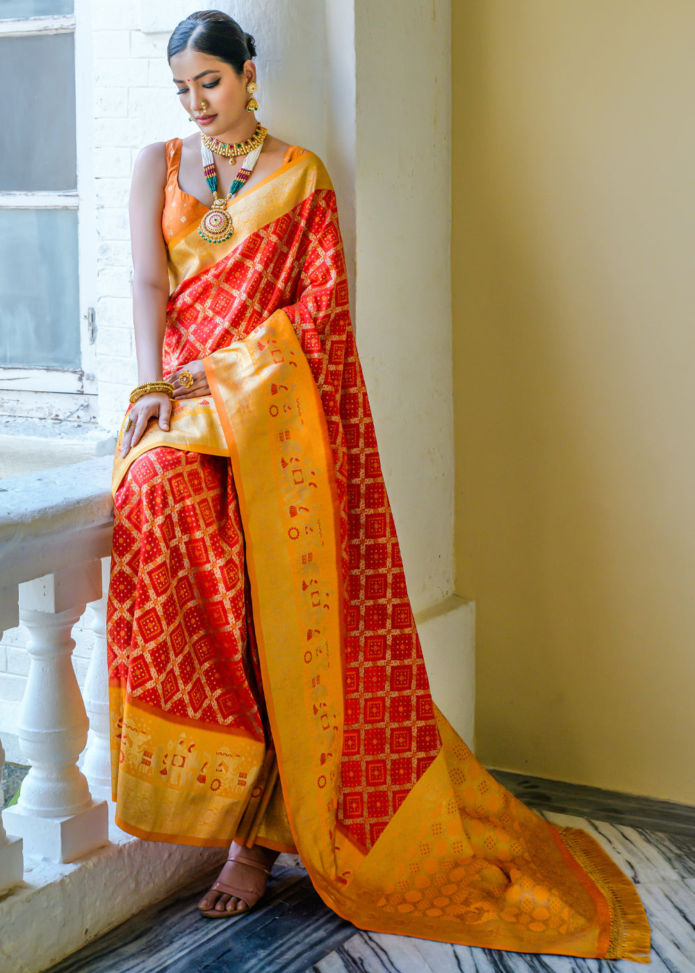 Buy MySilkLove Outrageous Orange Woven Banarasi Bandhani Silk Saree Online
