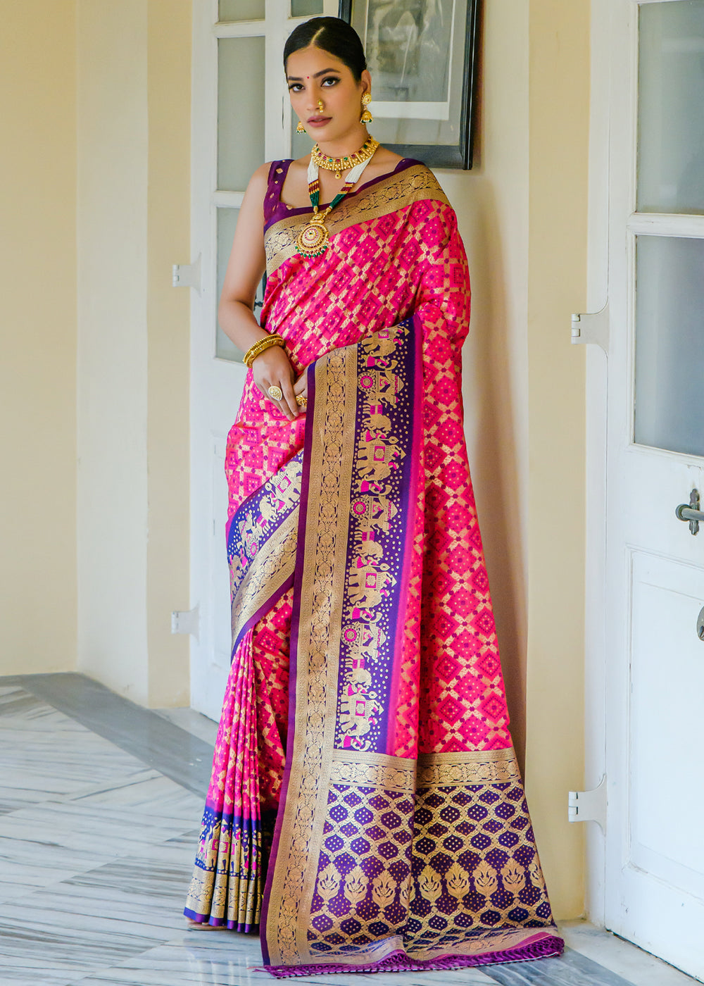 Buy MySilkLove Magenta Pink Woven Banarasi Bandhani Silk Saree Online