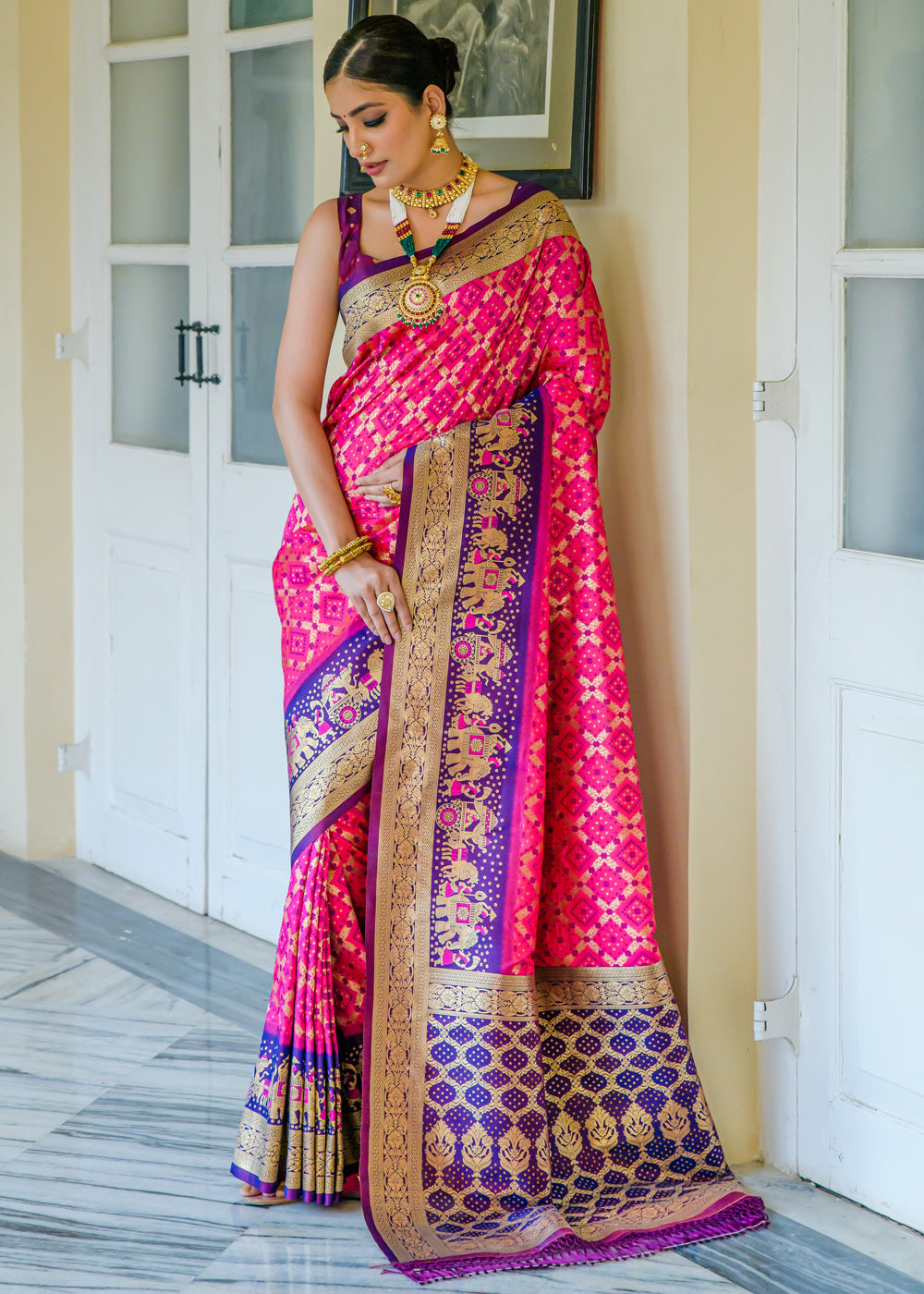 Buy MySilkLove Magenta Pink Woven Banarasi Bandhani Silk Saree Online