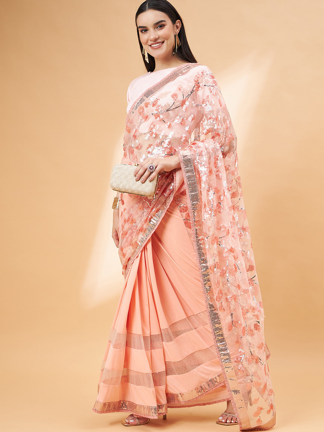 Buy MySilkLove Plum Peach Georgette Designer Saree Online