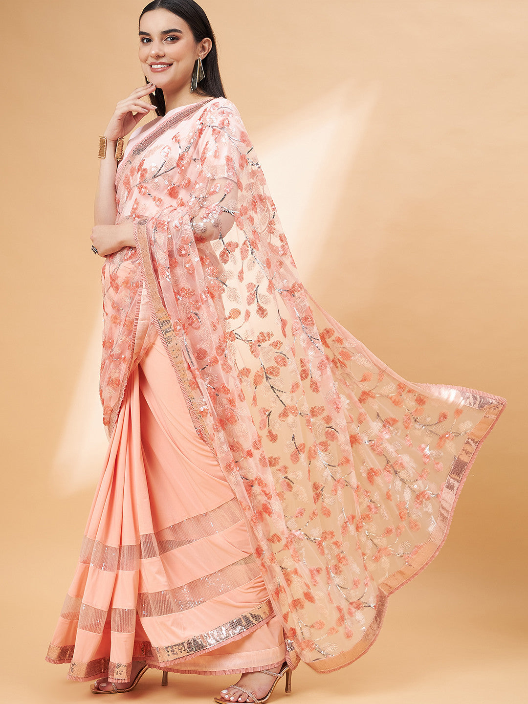 Buy MySilkLove Plum Peach Georgette Designer Saree Online