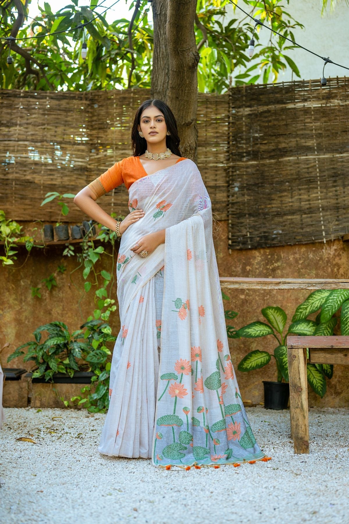 Buy MySilkLove Orange and White Muga Cotton Saree Online