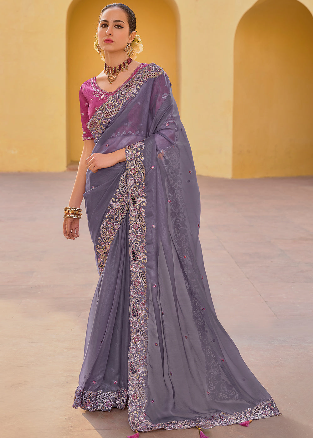 Buy MySilkLove Salt Box Grey Tissue Organza Embroidered Silk Saree Online