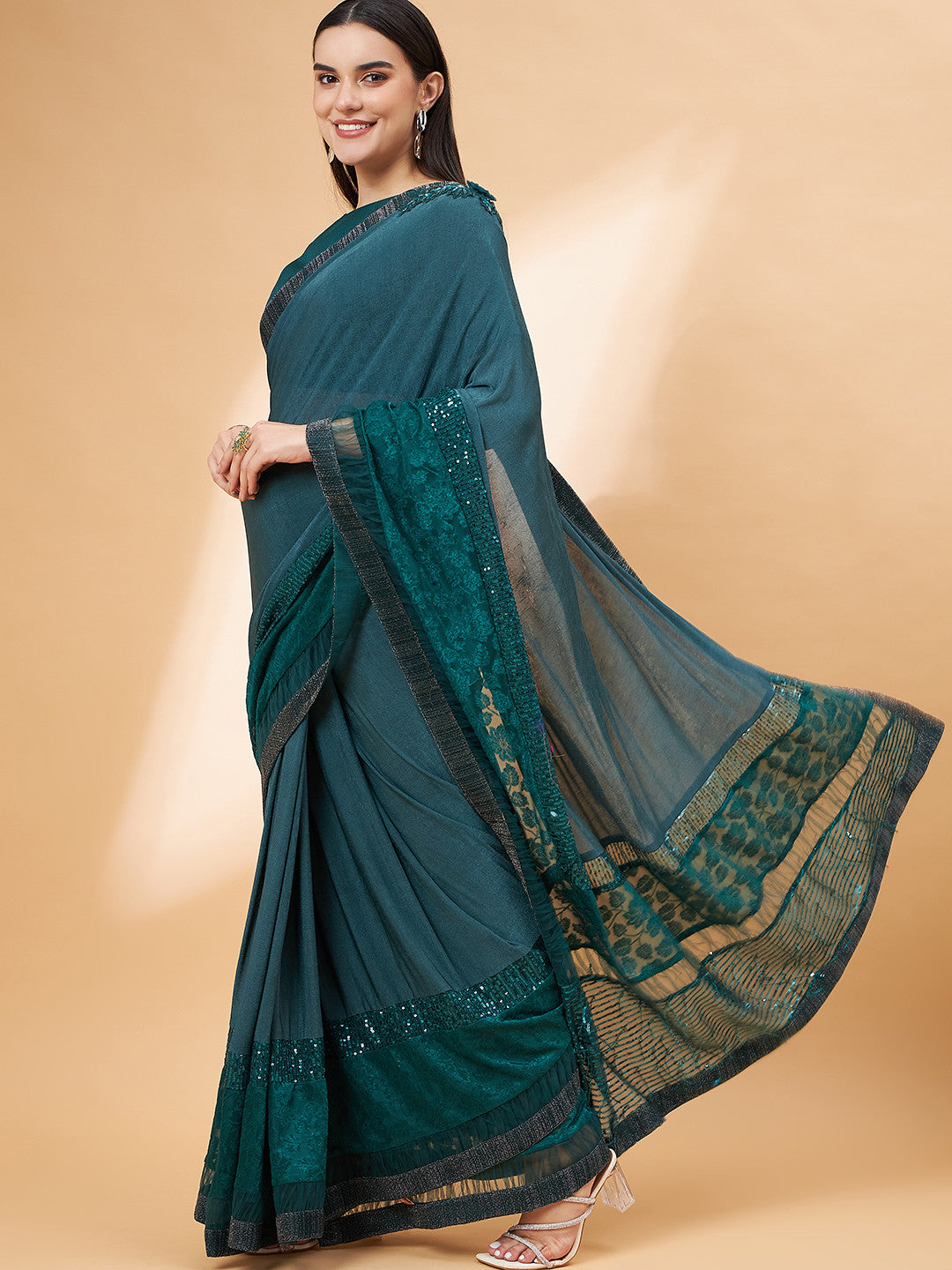 MySilkLove Metal Green Georgette Designer Saree